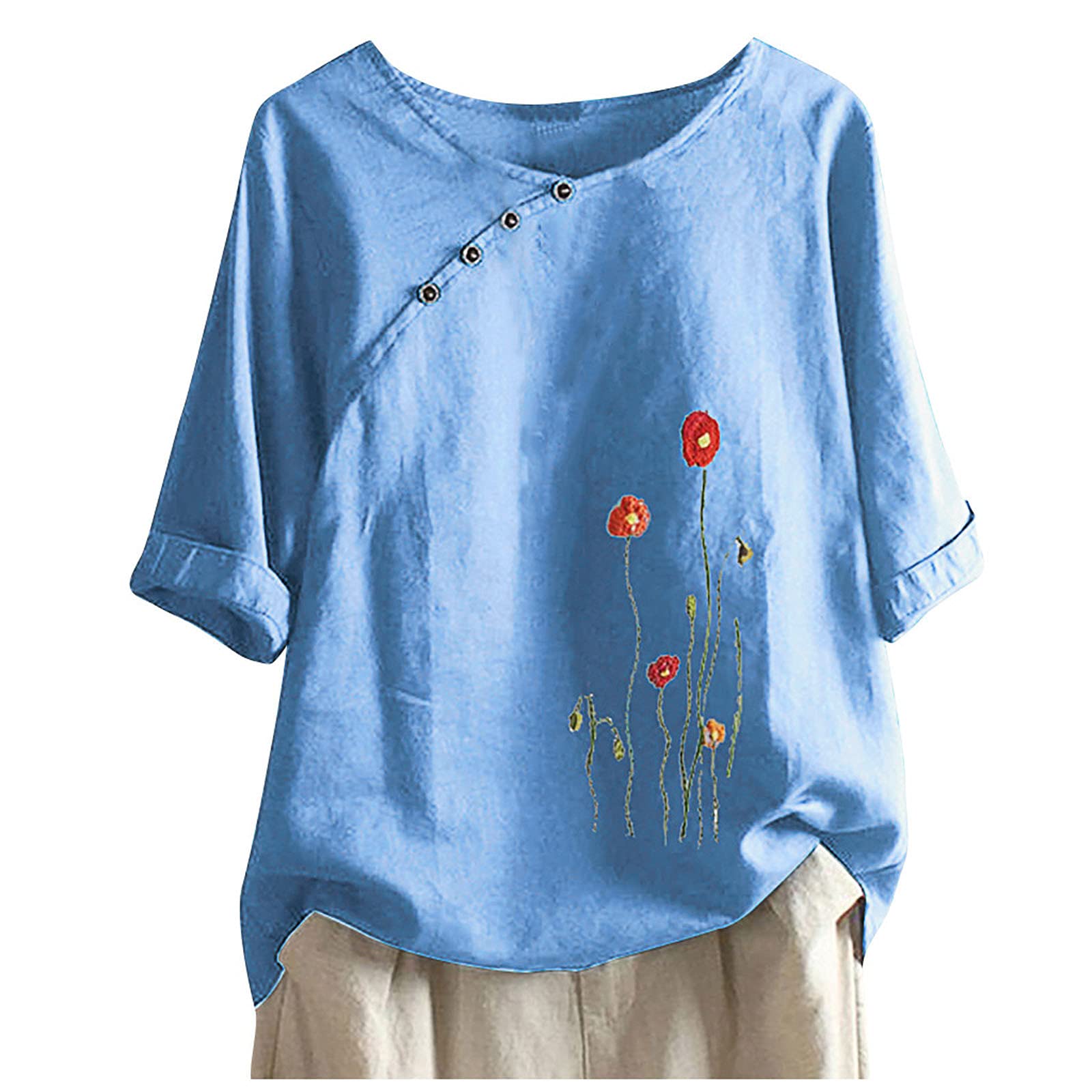 Plus Size Cotton Linen T-Shirts for Women - Summer Casual Short Sleeve Embroidery Button Tunic Tops Vintage Crewneck Blouses - Perfect for Beach Outings, Picnics & Everyday Wear