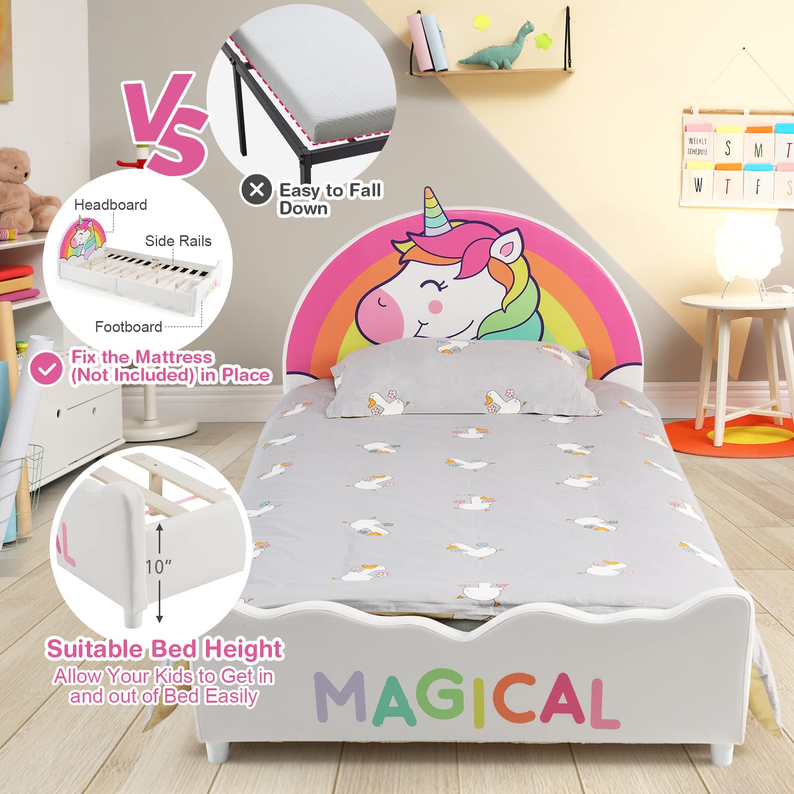 Costzon Twin Bed Frame for Kids - Wood Upholstered Platform Bed with Slat Support & Padded Headboard/Footboard - No Box Spring Needed - Easy Assembly - Fits Standard Twin Mattress (Rainbow) - Perfect for Kids' Bedrooms, Guest Rooms & Small Spaces