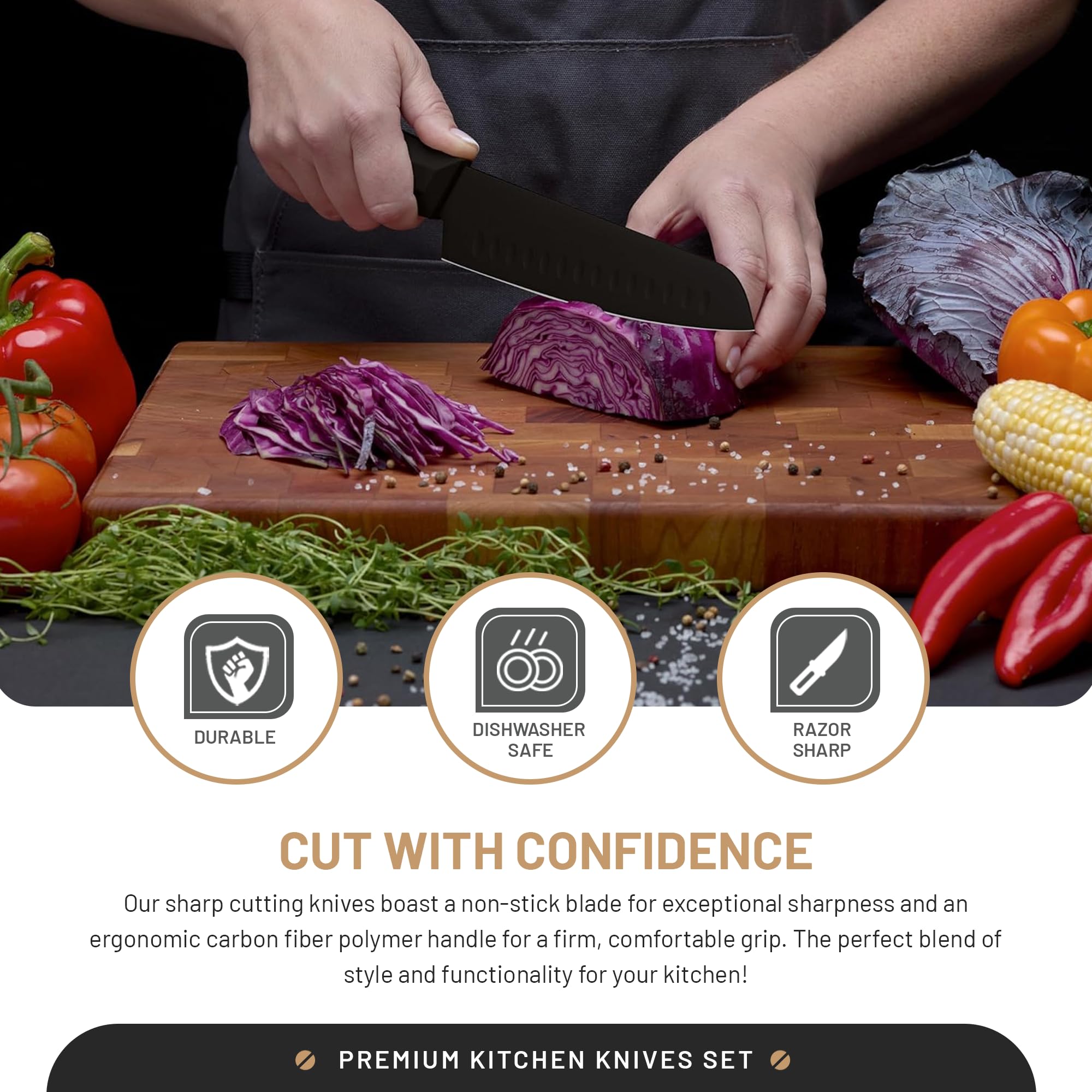 15-Piece Professional Chef Knife Set with Sharpener - High-Carbon Stainless Steel Kitchen Knives, Full-Tang Ergonomic Handles, Includes Chef, Slicing, Utility, Steak Knives & Kitchen Shears, Black Matte Wood Block - Perfect for Home Cooking, Restaurant Use & Gift Giving
