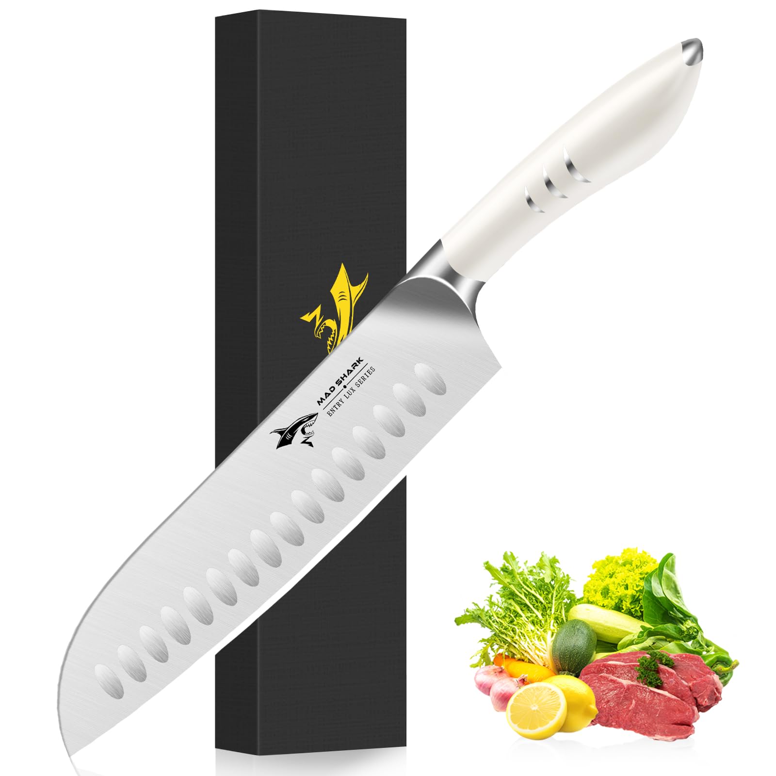 MAD SHARK 8 Inch Santoku Knife - Ultra Sharp Japanese Kitchen Knife with High Carbon German Steel & Ergonomic Handle - Perfect for Chopping, Slicing, and Dicing - Ideal Gift for Home Chefs and Cooking Enthusiasts