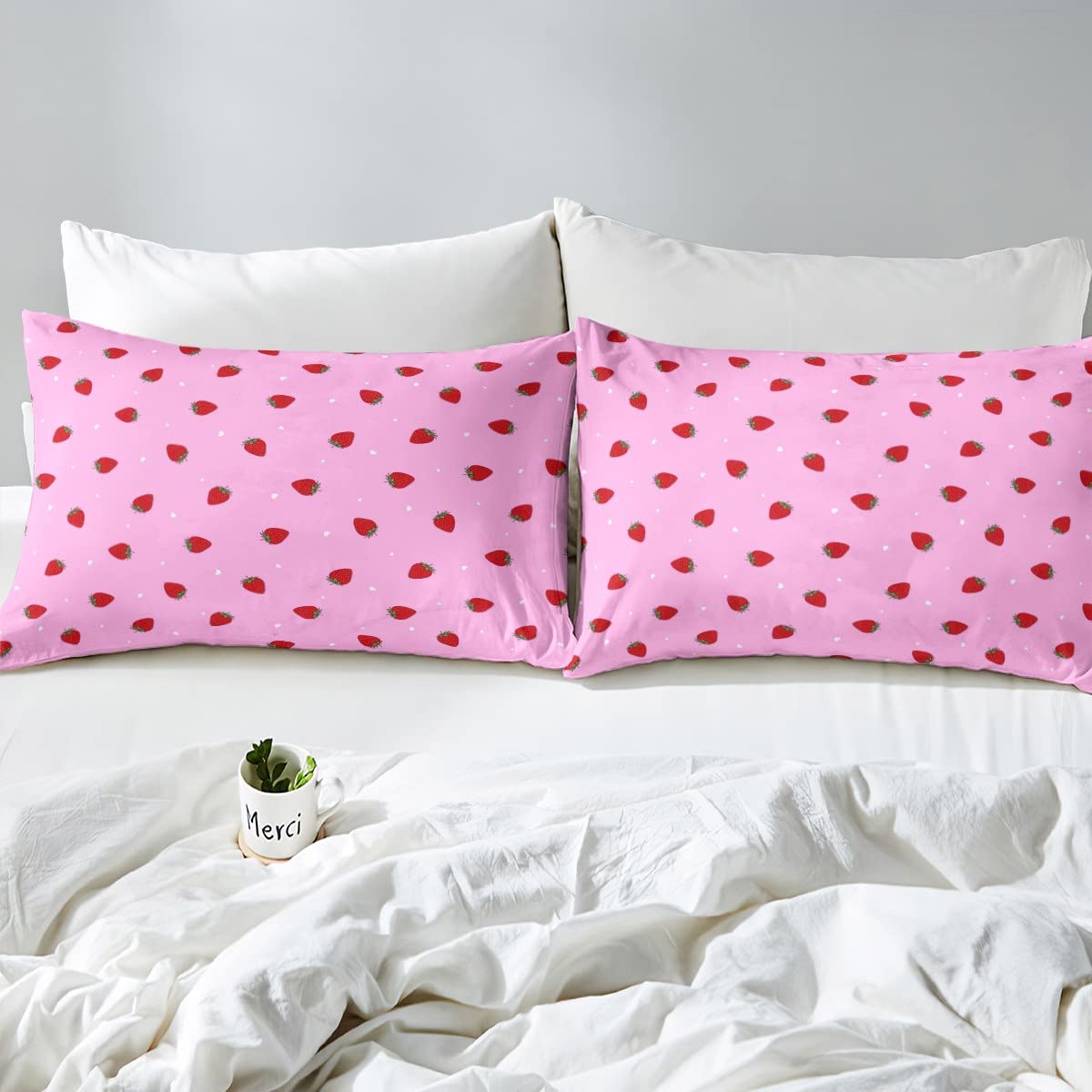 Kids Strawberry Bed Sheets Set 3-Piece - Twin Size Pink Kawaii Fruit Print with Deep Pocket Fitted Sheet, Flat Sheet & Pillow Sham - Tropical Fruit Themed Room Decor for Girls' Bedroom
