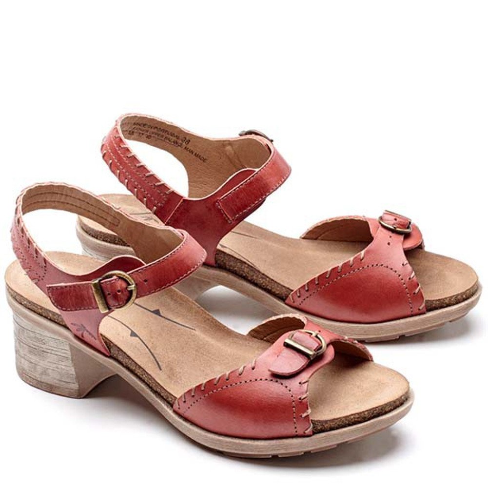 Dromedaris Women's Red Leather Sandals Size 42 - Comfortable Summer Beach Sandals for Walking, Travel & Casual Outfits