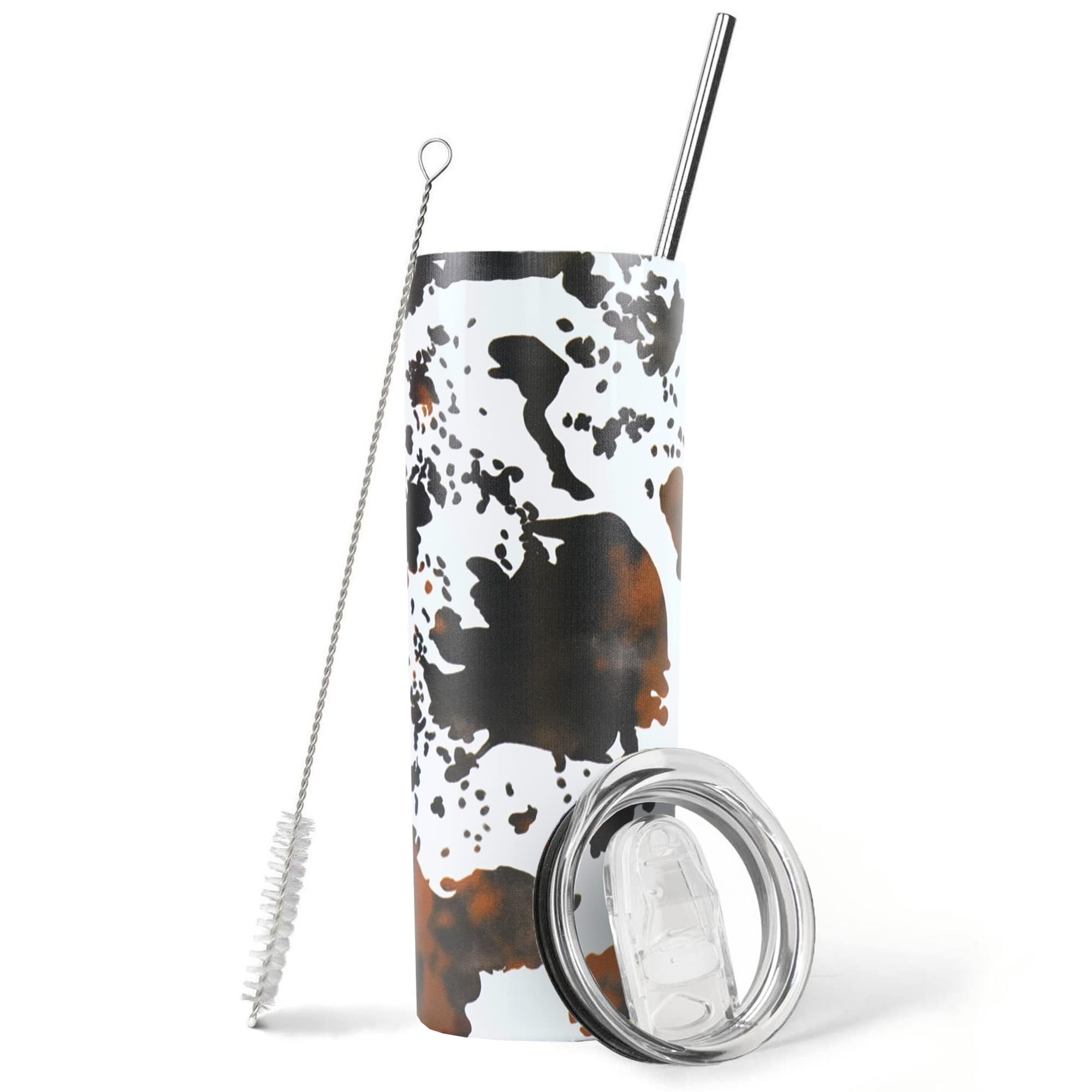 **20oz Cow Print Skinny Tumbler with Lid & Straw - Insulated Stainless Steel Travel Mug - Double Wall Coffee Cup - Perfect for Office, Gym, Travel - Great Birthday Gift for Women, Mom, Sister & Friends**