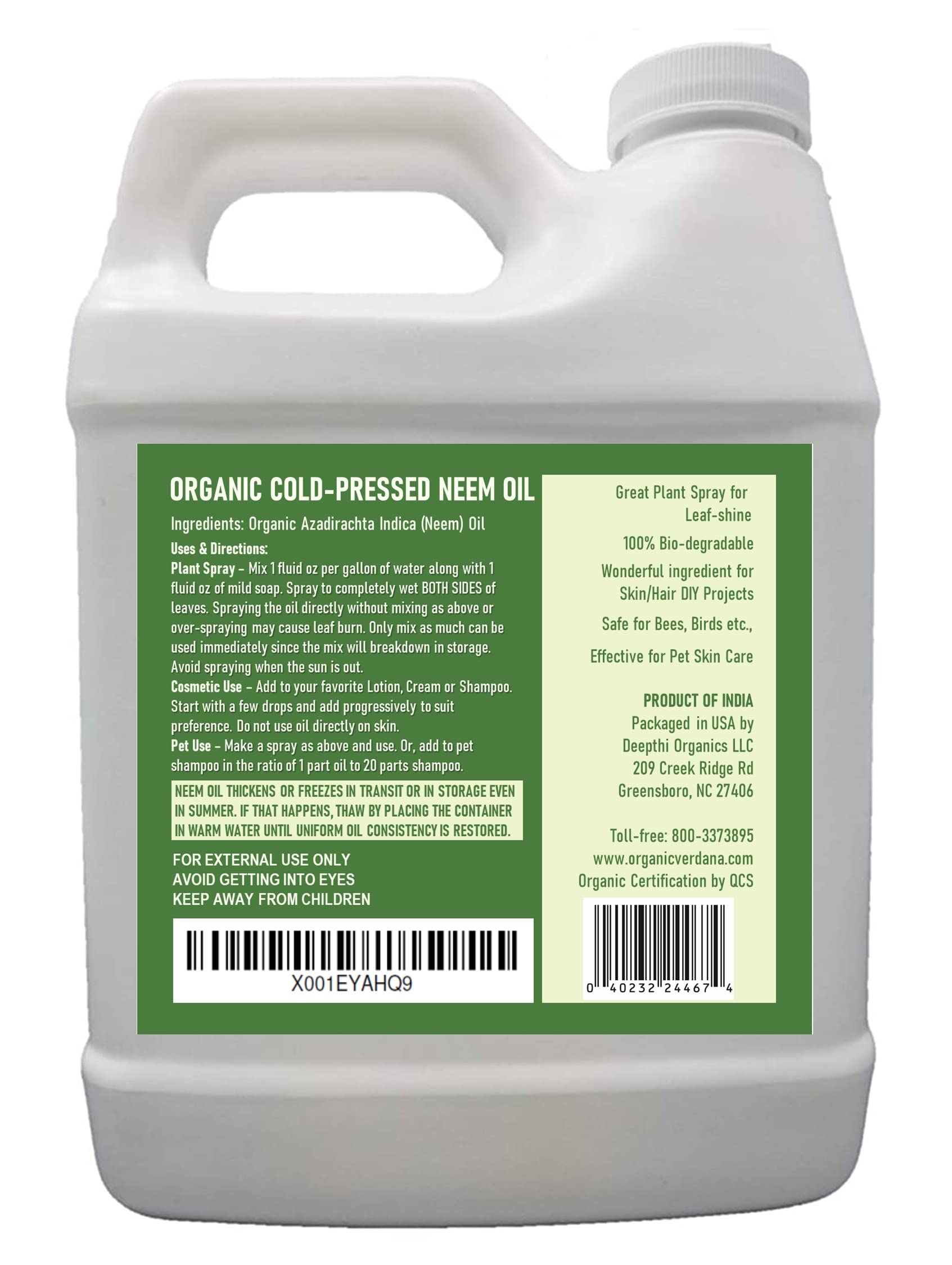 Organic Cold Pressed Pure Neem Oil - 1 Quart (32 Fl Oz) - 100% Natural Unrefined Neem Oil for Skin Care, Hair Growth & Plant Protection - Non-GMO, Chemical-Free - Perfect for DIY Beauty Recipes & Organic Gardening - Verdana Brand