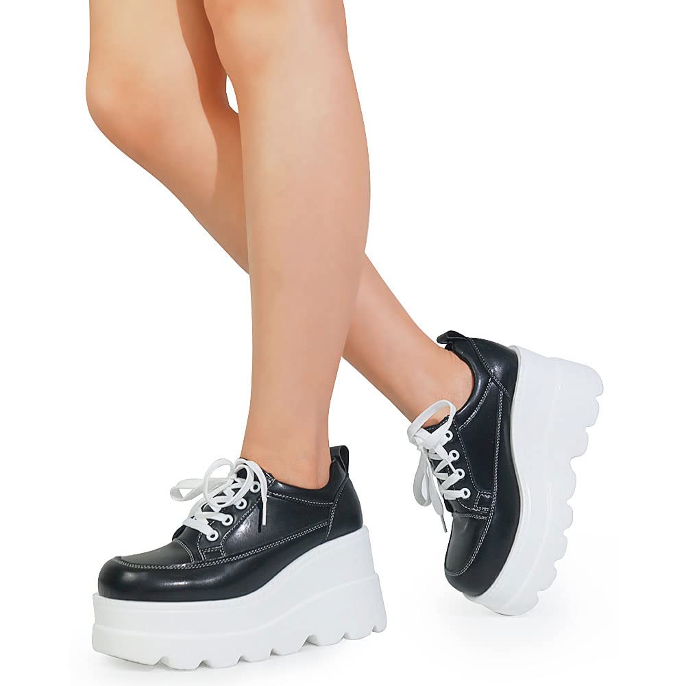 Tscoyuki Women's Platform Sneakers with Hidden Wedge Heel - Comfortable Walking Shoes for Outdoor Activities, Lace Up Design for Secure Fit - Perfect for Work, Travel and Casual Wear