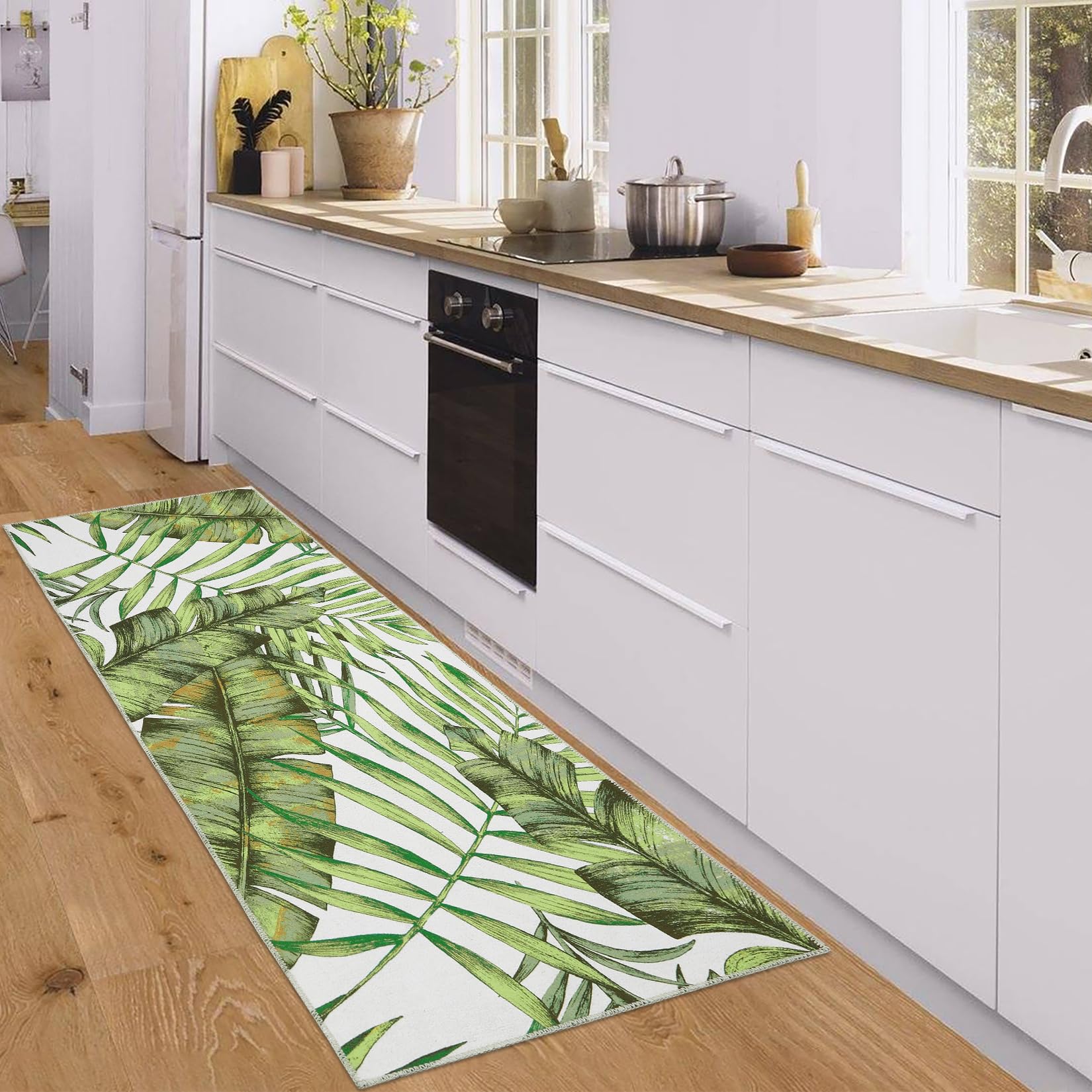 GARVEE 2x6 Washable Runner Rug - Tropical Jungle Green Leaf Design Non-Slip Area Rug for Bedroom, Kitchen, Hallway - Indoor Floor Carpet with Botanical Palm Tree Pattern - Perfect for Spring/Summer Decor (2'x6', Green)