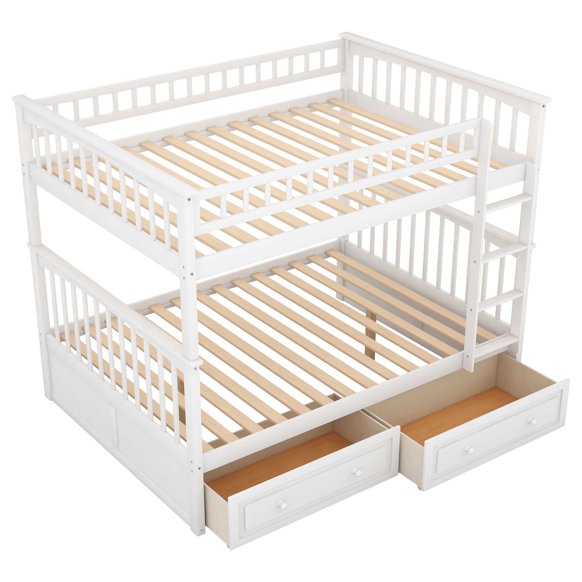 Harper & Bright Designs Full Over Full Wood Bunk Bed with 2 Storage Drawers & Ladder, Convertible to Twin Daybeds - Space Saving Kids Bedroom Furniture for Small Rooms (White) - Perfect for Shared Kids' Rooms, Sleepovers & Guest Bedrooms