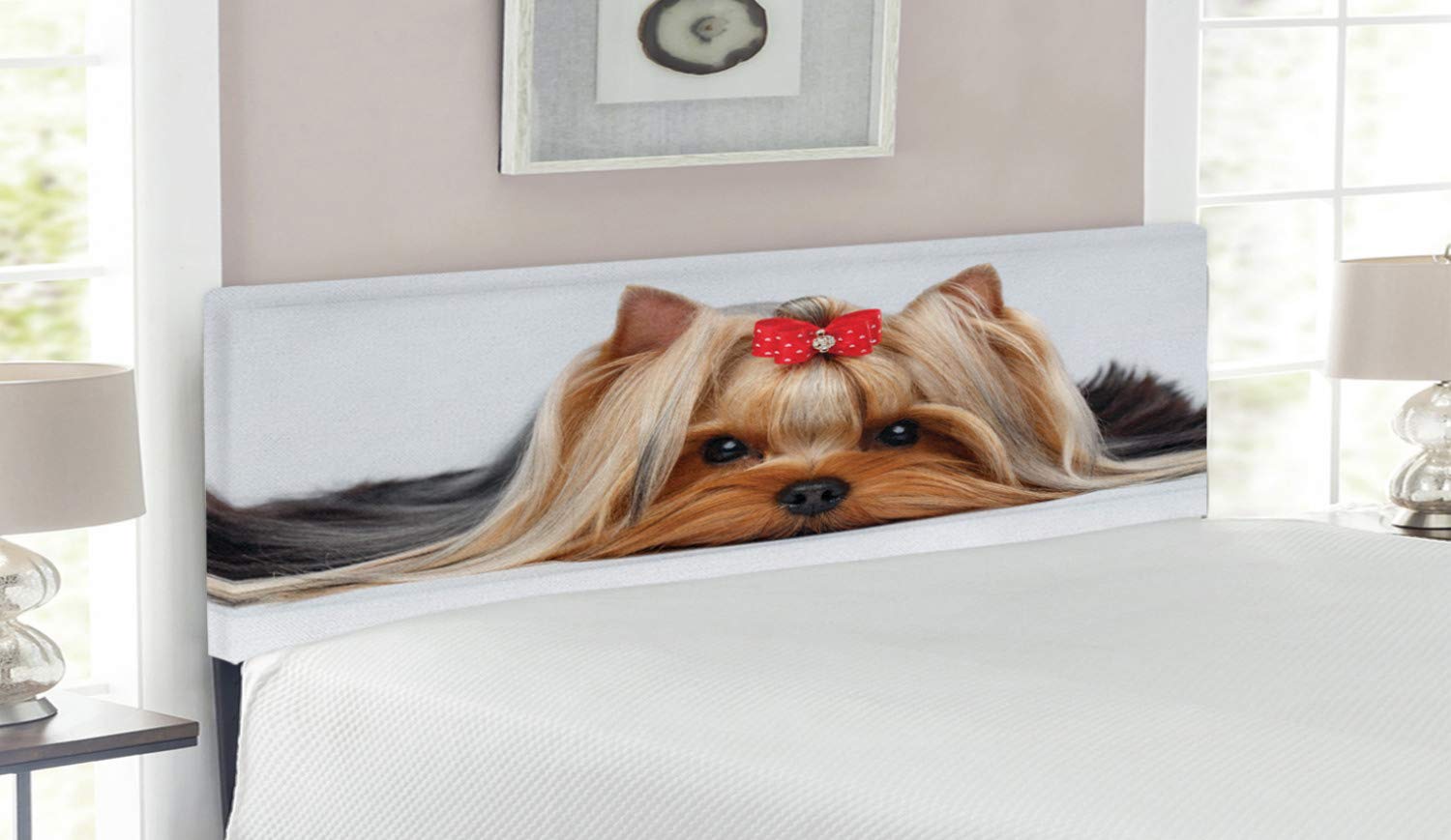Ambesonne Yorkie Headboard - Lying Yorkshire Terrier Dog Portrait with Ribbon, Upholstered Decorative Metal Bed Frame with Memory Foam - Queen Size Pale Caramel Sand Brown - Perfect for Pet Lovers' Bedroom Decor and Cozy Dog-Themed Home Design