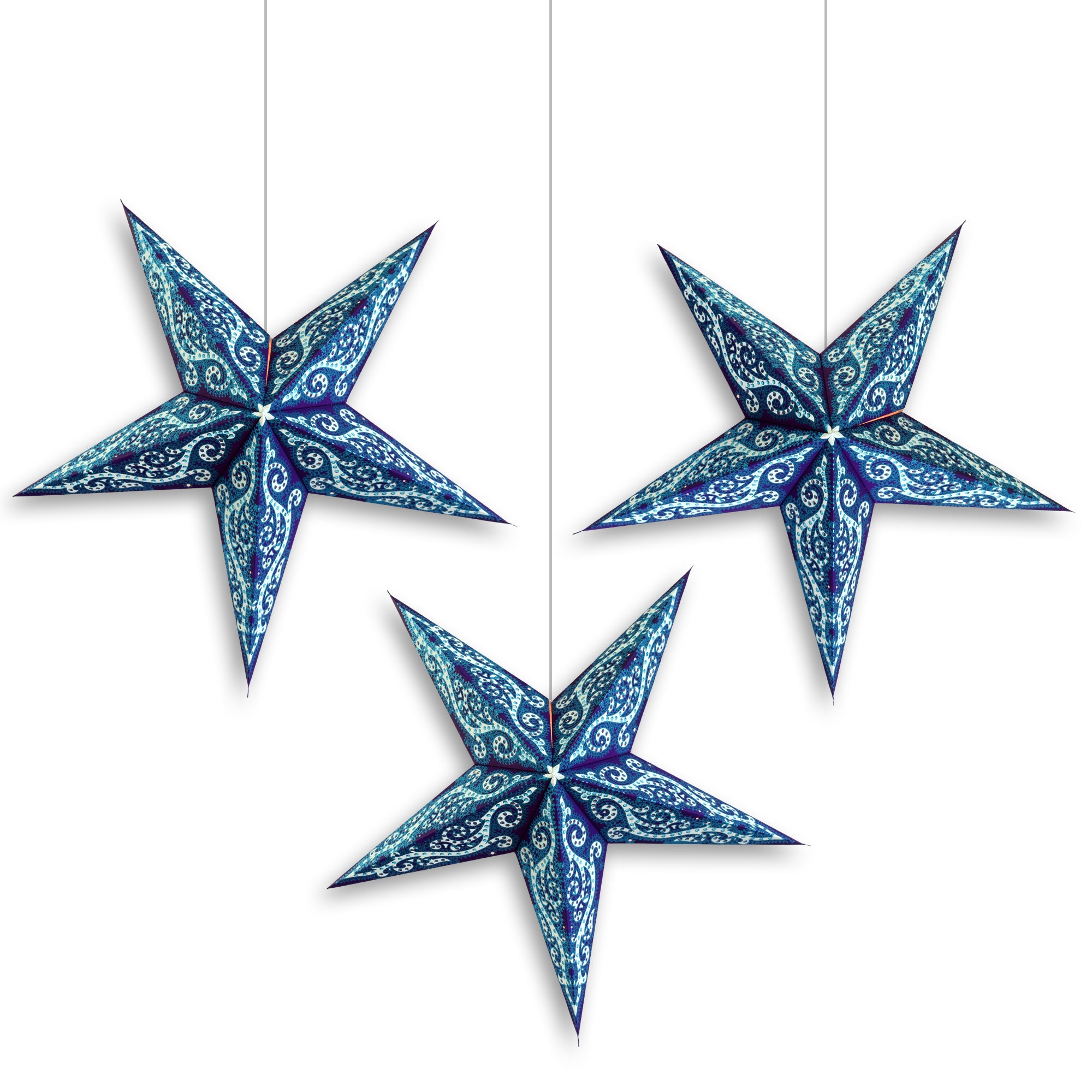 3 Pack 24 Inch Blue Mystic Glitter Paper Star Lanterns with Triple Pendant Lights - Perfect for Wedding Decor, Party Lighting & Boho Home Decoration