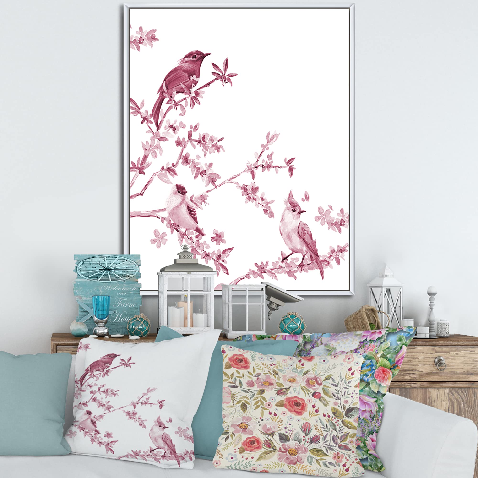 Stunning Pink Birds Framed Canvas Wall Art - Handmade Traditional Painting for Living Room, Bedroom & Office Decor