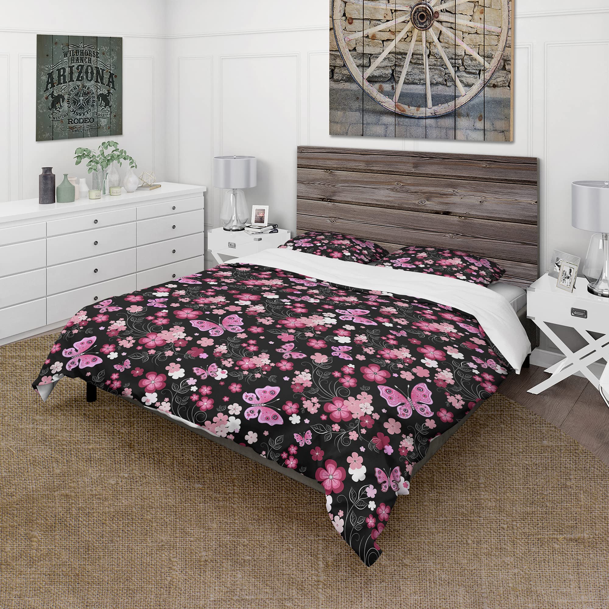 Pink Floral Duvet Cover Set with Elegant Butterfly Design - Queen Size Bedding for Girls' Room & Boho Chic Bedroom Decor