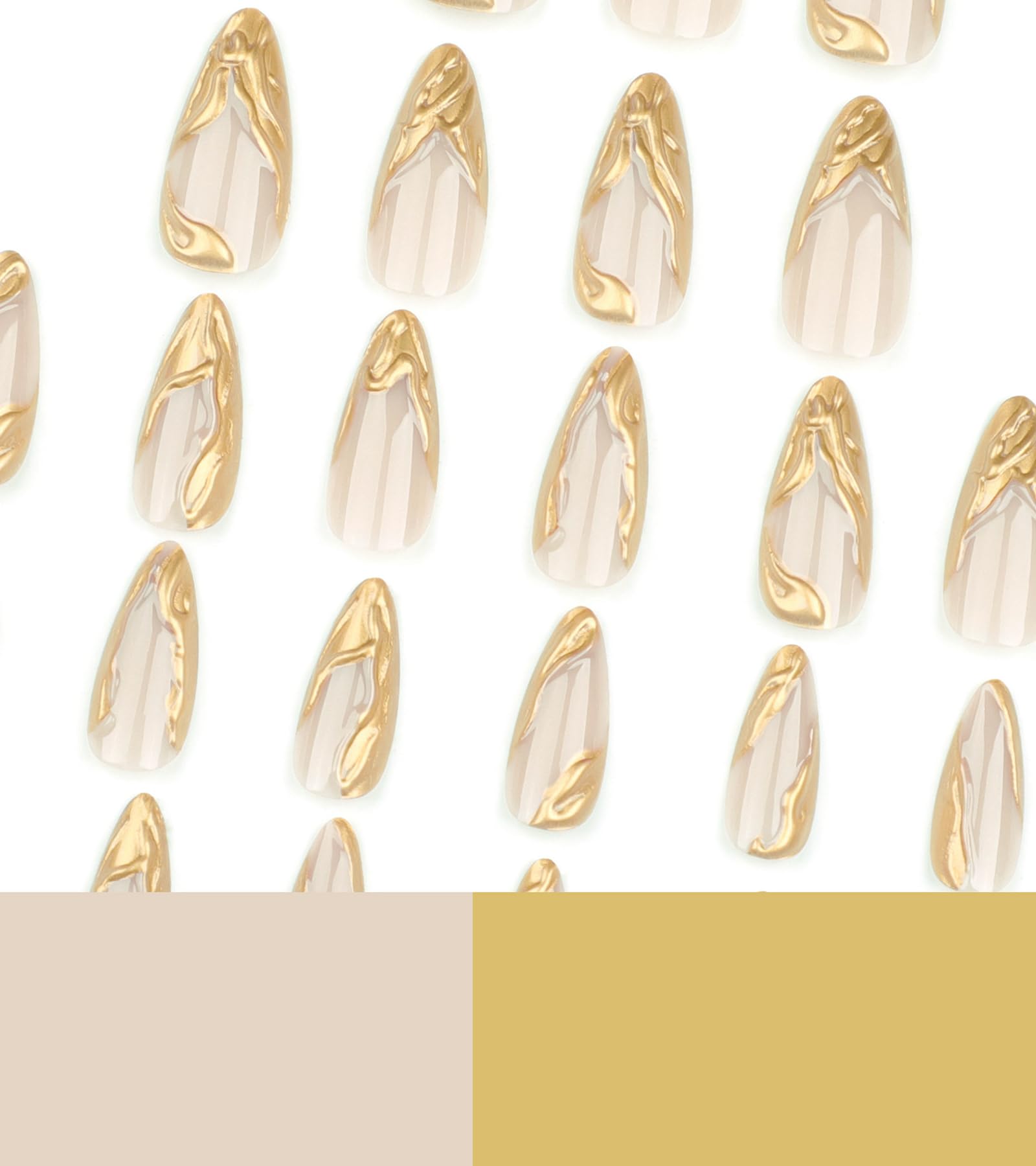 Kikmoya Press on Nails Almond Medium - 3D Gold French Tip False Nails with Charm Designs, Reusable Acrylic Fake Nails, Full Cover Glossy Stick on Nails for Women (24 Pcs in 12 Sizes) - Perfect for Parties, Weddings, Date Nights & Everyday Glam