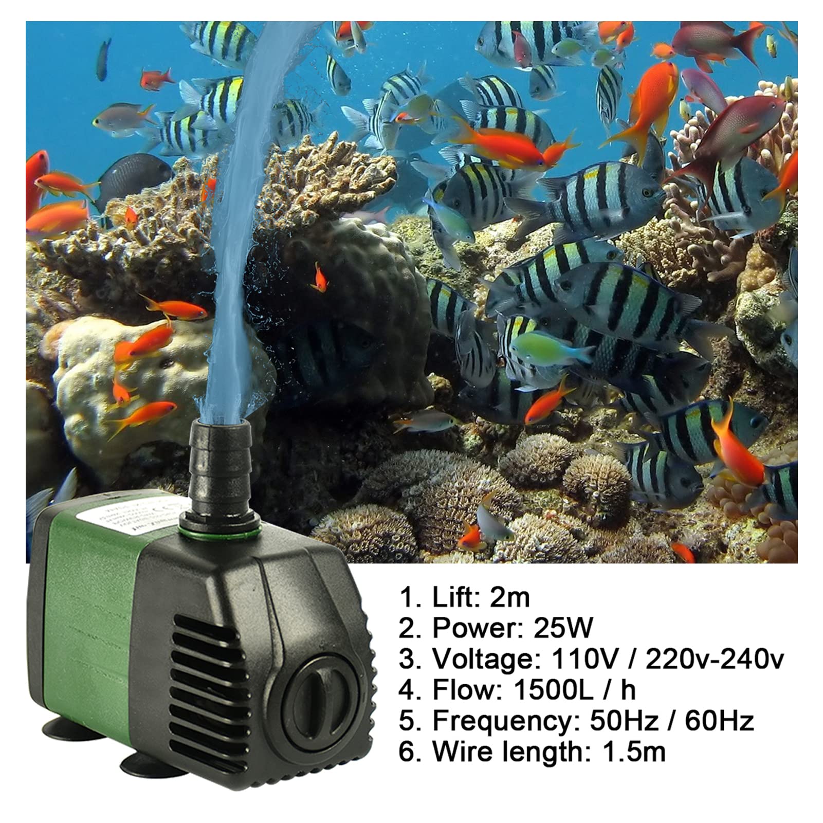 AolKee 25W 1500L/H Submersible Water Pump with 2 Nozzles, AC220-240V Electric Water Pump for Aquarium, Fish Tank, Pond, Garden - Perfect for Water Circulation and Oxygenation in Home & Outdoor Water Features