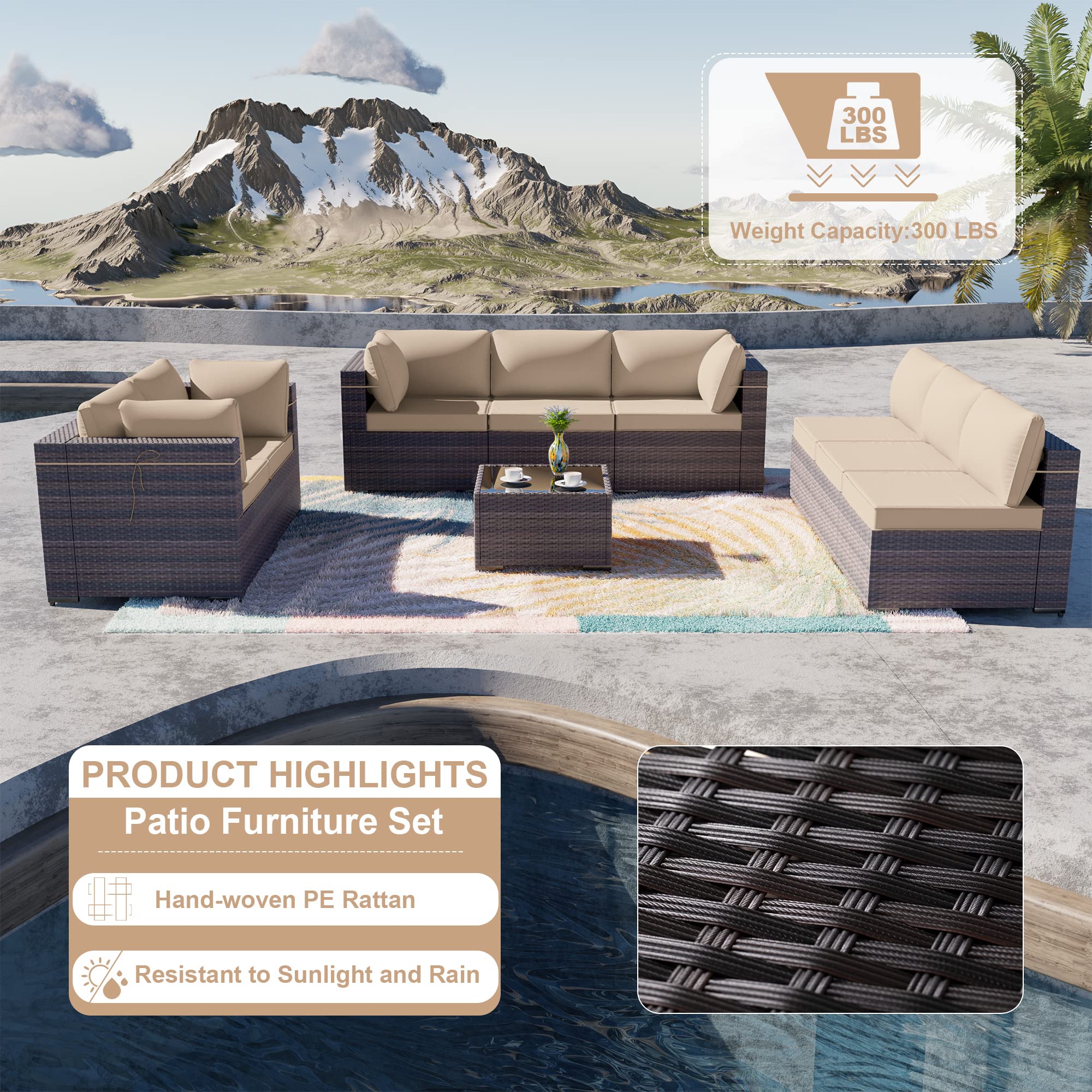 9-Piece Brown PE Rattan Outdoor Patio Furniture Set with Sectional Sofa, 8 Sand Cushions & Coffee Table - Perfect for Backyard, Garden, Poolside & Deck Relaxation