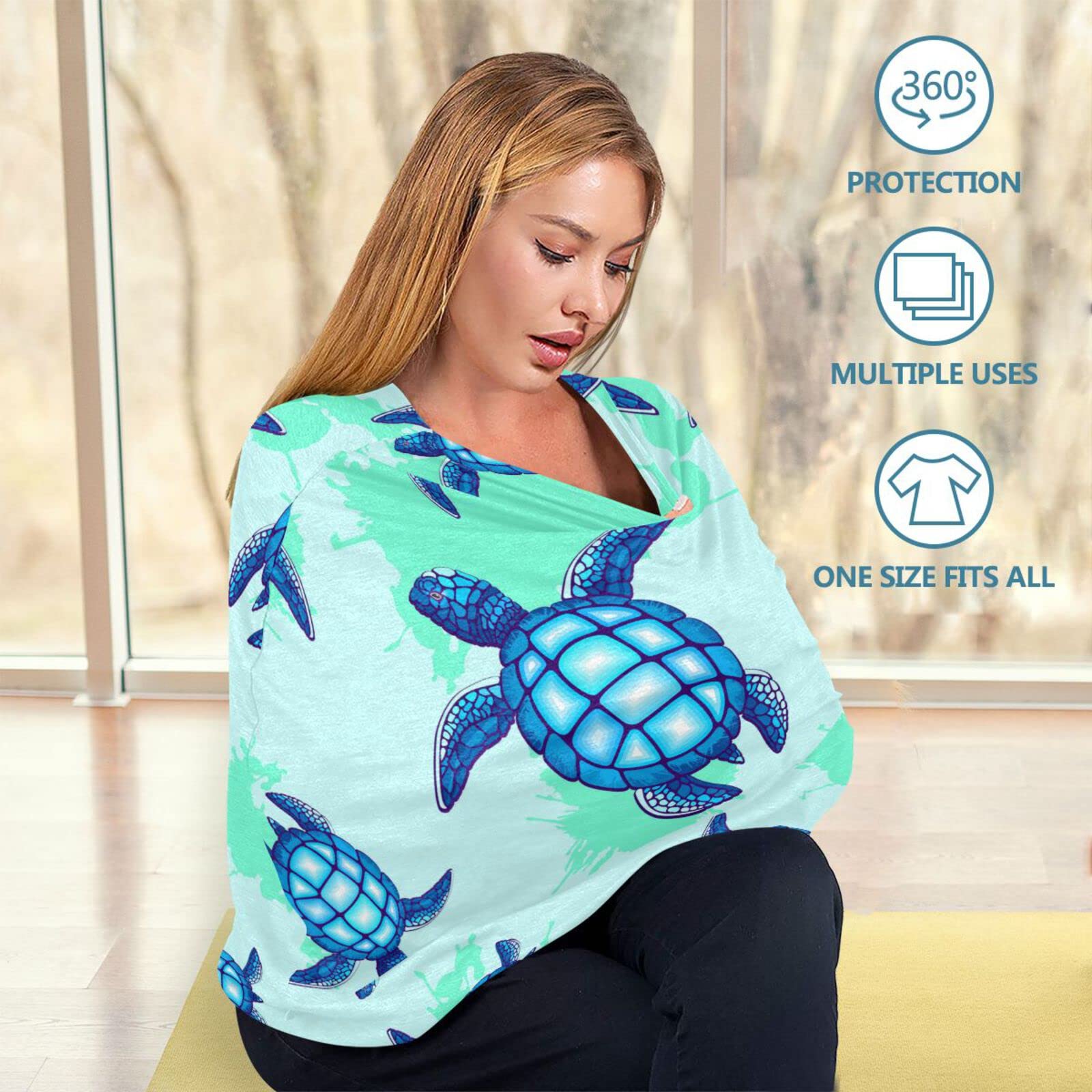 Premium Nursing Cover & Breastfeeding Scarf - Soft Breathable Baby Car Seat Canopy & Stroller Cover in Sea Turtle Blue Ocean Design for Boys & Girls | Ideal for Nursing, Shopping, Travel & Outdoor Activities