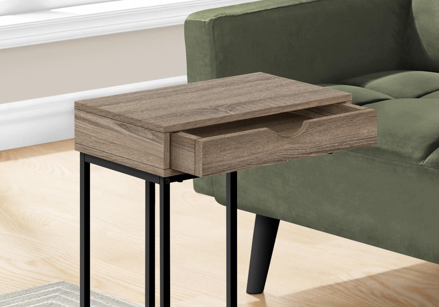 Monarch Specialties I 3771 C-Shaped Accent Table with Storage Drawer - End Table, Side Table, Snack Table for Living Room & Bedroom - Metal & Laminate in Brown & Black - Contemporary Modern Home Decor for Small Spaces & Apartments