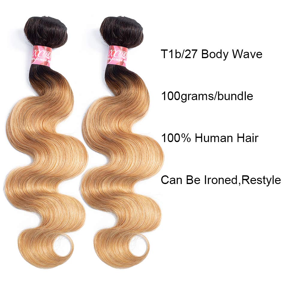 XCCOCO Ombre Body Wave Human Hair Bundles with Closure T1B/27 Dark Roots Blonde - 100% Peruvian Virgin Remy Hair Extensions (10+10+12+10inch) for Natural Look & Styling - Perfect for Parties, Weddings & Daily Wear