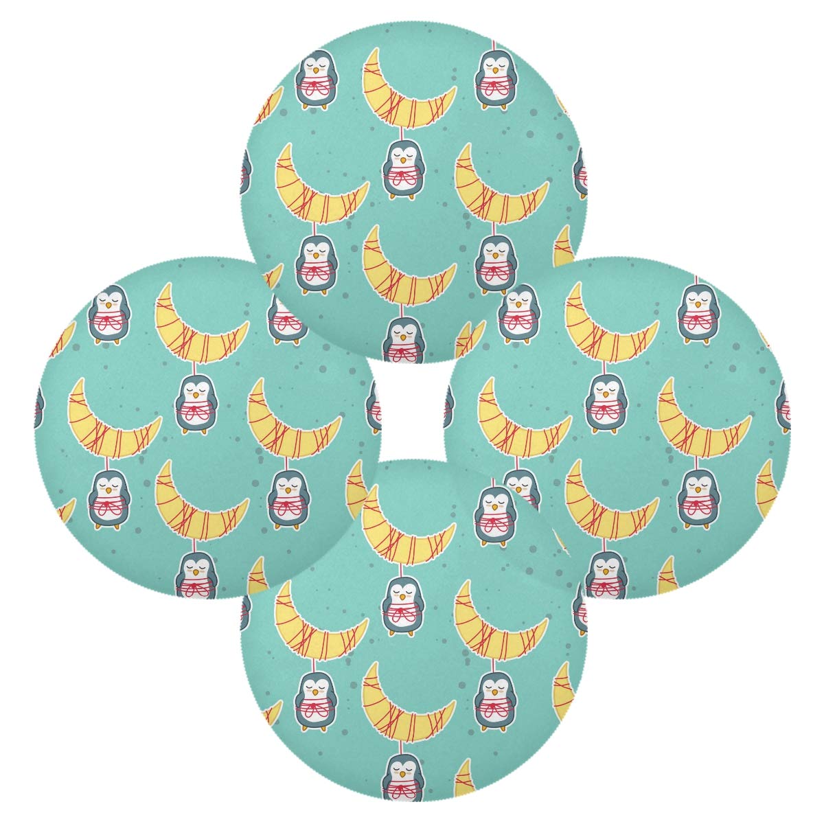 MCHIVER Non-Slip Round Table Placemats Set of 6 - 15.4 Inch Penguins Moon Holiday Design for Kitchen, Dining Room, and Party Decor