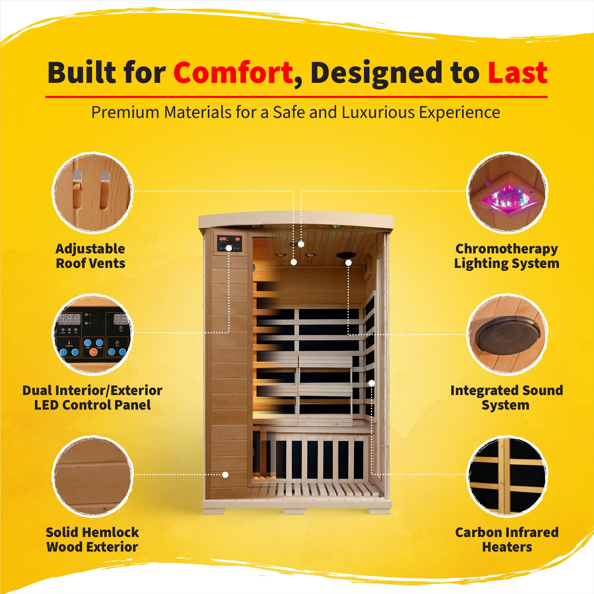 HEATWAVE 2-Person Hemlock Infrared Sauna with 6 Carbon Heaters & Chromotherapy Lighting - Home Spa Relaxation for Couples, Detox & Muscle Recovery