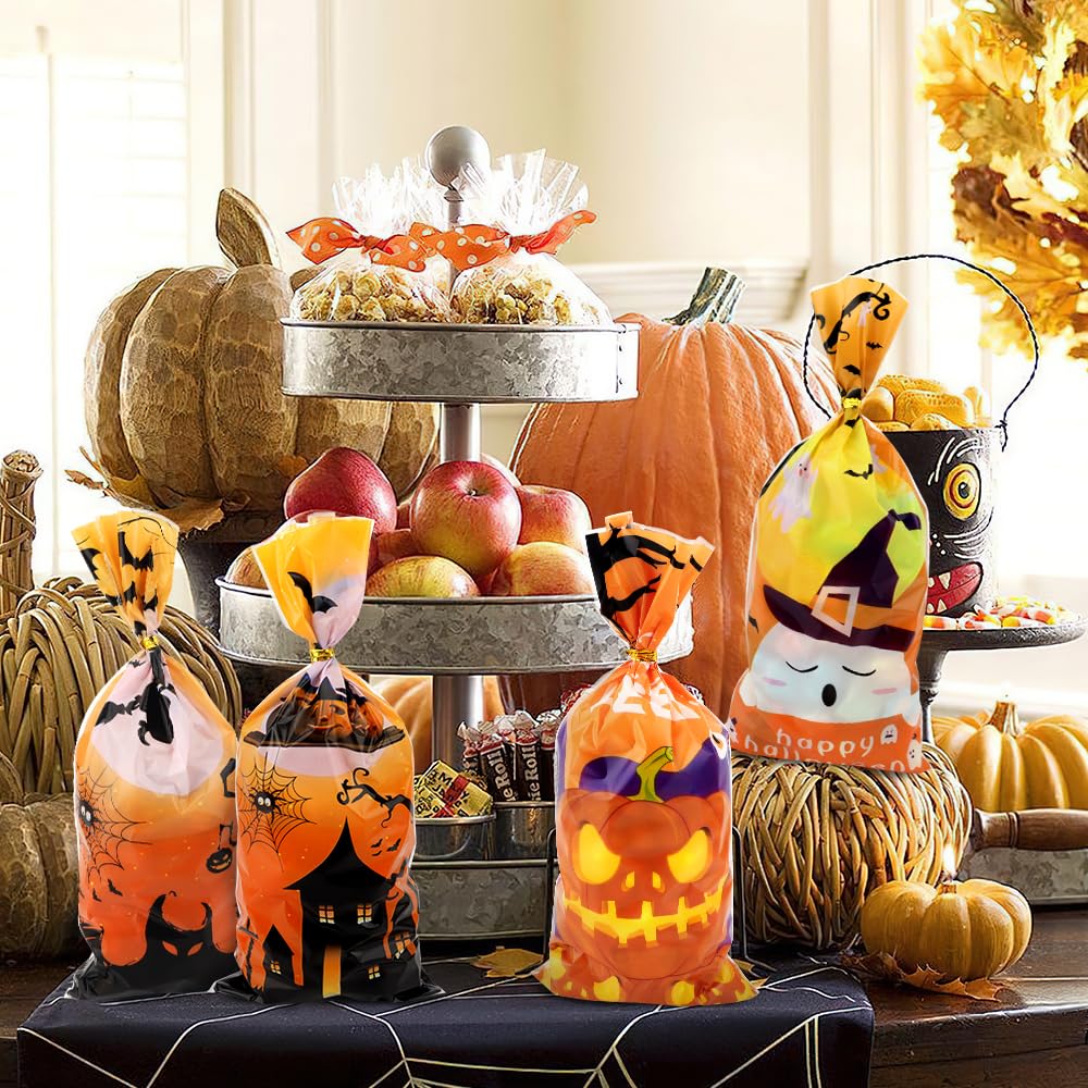 Halloween Treat Bags 100 Pack - Premium Cellophane Candy Bags with Twist Ties for Trick or Treat, Halloween Party Favors, Holiday Gifts & Goodie Bags - Perfect for Classroom Treats, Neighborhood Halloween Events & Candy Distribution