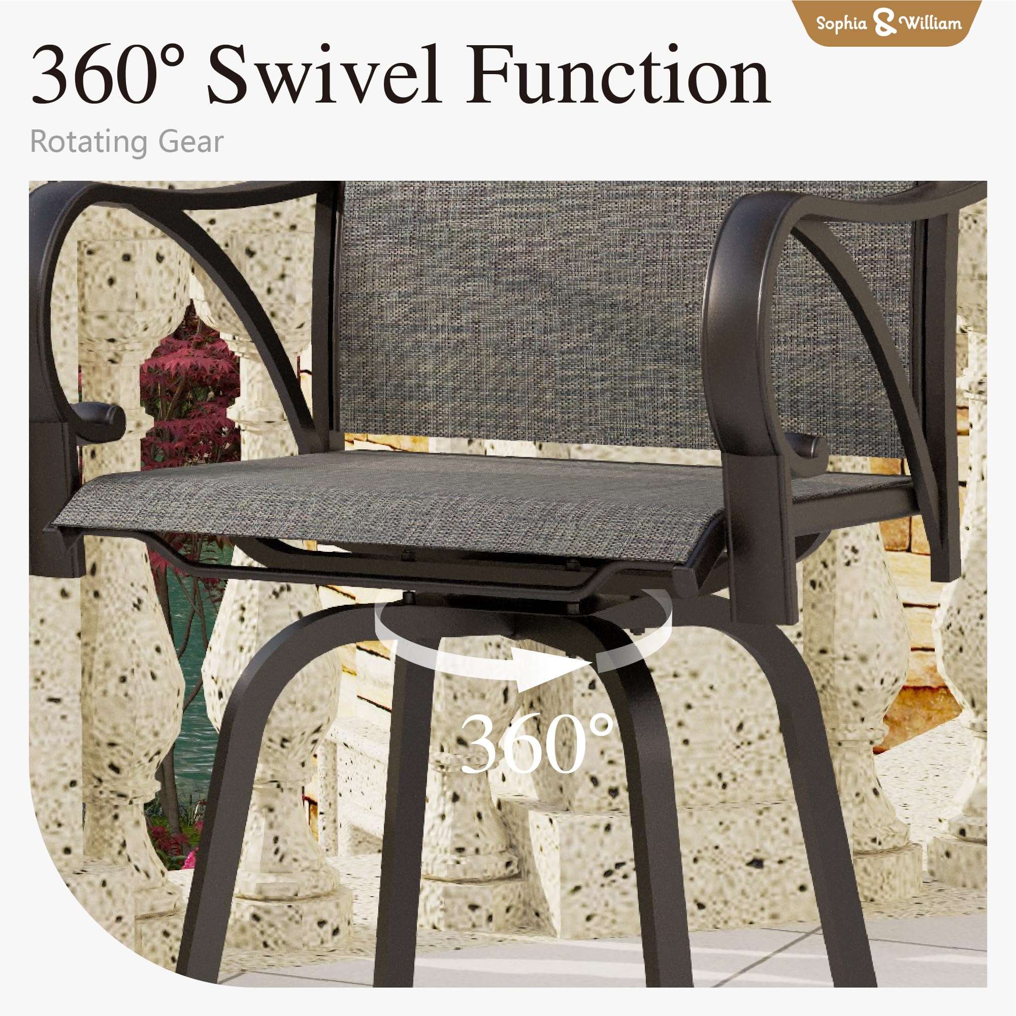 Sophia & William 4-Piece Swivel Bar Stool Set - 300 lb Capacity Grey Fabric Outdoor High Top Chairs for Patio, Deck, Backyard & Poolside Dining