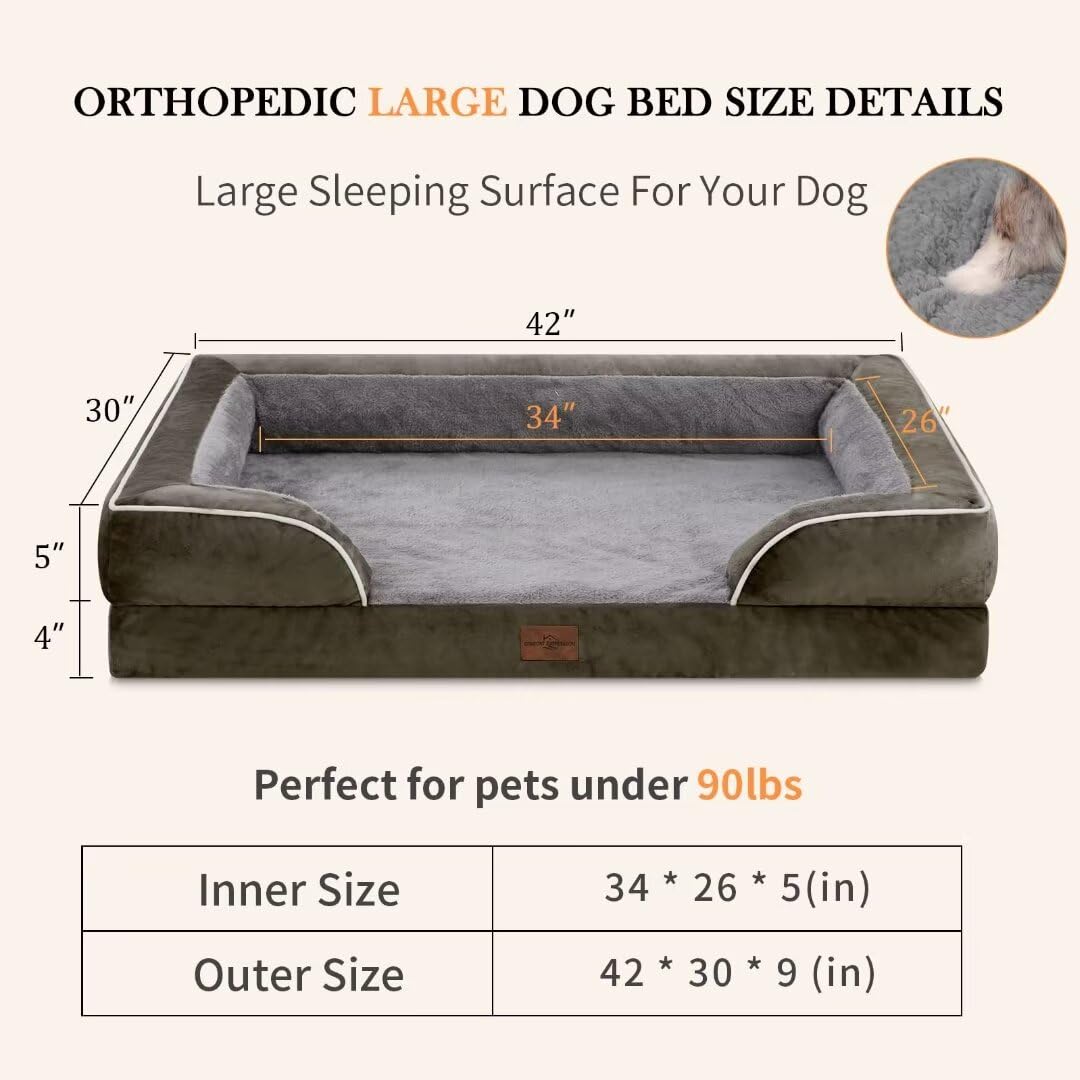 Extra Large Orthopedic Dog Bed for Big Dogs - Waterproof Washable Pet Sofa Bed with Removable Cover, Non-Slip Bottom & Bolster Support - Perfect for Large Breed Dogs in Living Room, Bedroom or Kennel (XL, Dark Green)