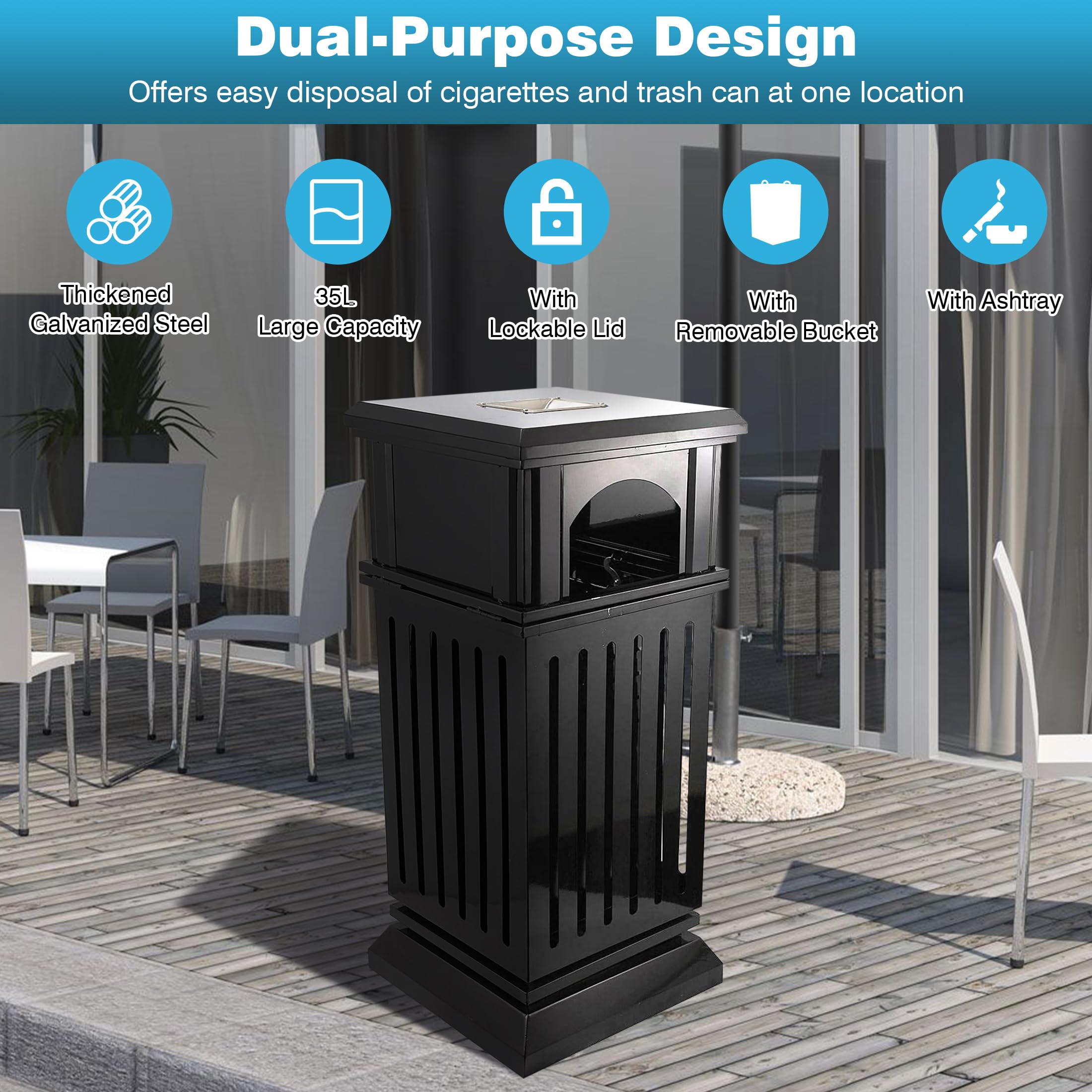 IRONWALLS Commercial Trash Can with Lid - 50 Gallon Black Outdoor Garbage Bin, Heavy-Duty Steel Square Waste Container with Side Opening & Removable Inner Bucket for Patio, Park, Garden, Restaurant, and Commercial Use - Weather-Resistant Decorative Trash Bin for Outdoor Spaces