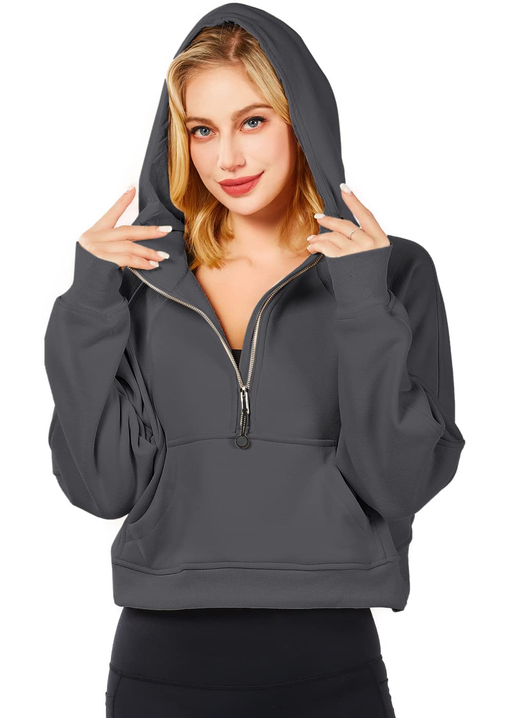 Women's Oversized Half Zip Cropped Hoodie Sweatshirt - Long Sleeve Pullover with Thumb Holes for Spring & Fall - Casual Streetwear, Loungewear, and Workout Outfits