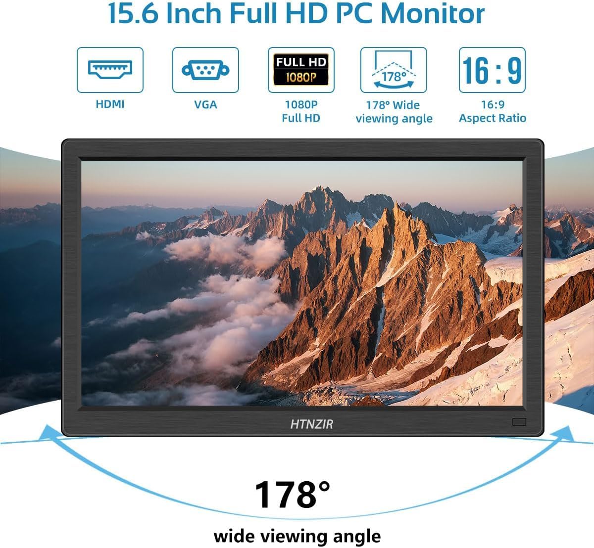 HTNZIR 15.6 Inch Portable Monitor - Full HD 1920x1080P, 99% sRGB, HDMI/VGA/BNC/AV/USB Ports, Built-in Speakers, VESA Mount - Ultra Slim LED Screen for Laptop, PC, Gaming & Office Work - Perfect for Travel, Business Presentations & Multi-Tasking