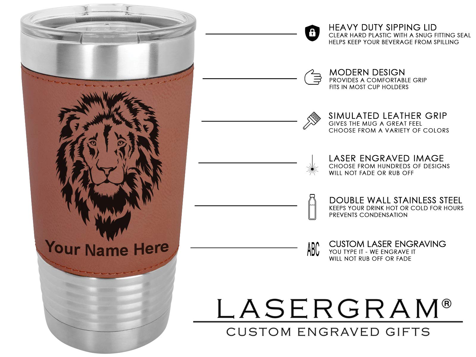 LaserGram 20oz Vacuum Insulated Stainless Steel Tumbler Mug with Gadsden Flag Design - Personalized Engraving Included (Faux Leather Handle, Dark Brown) - Perfect for Coffee, Tea & Cold Drinks at Home, Office or Travel