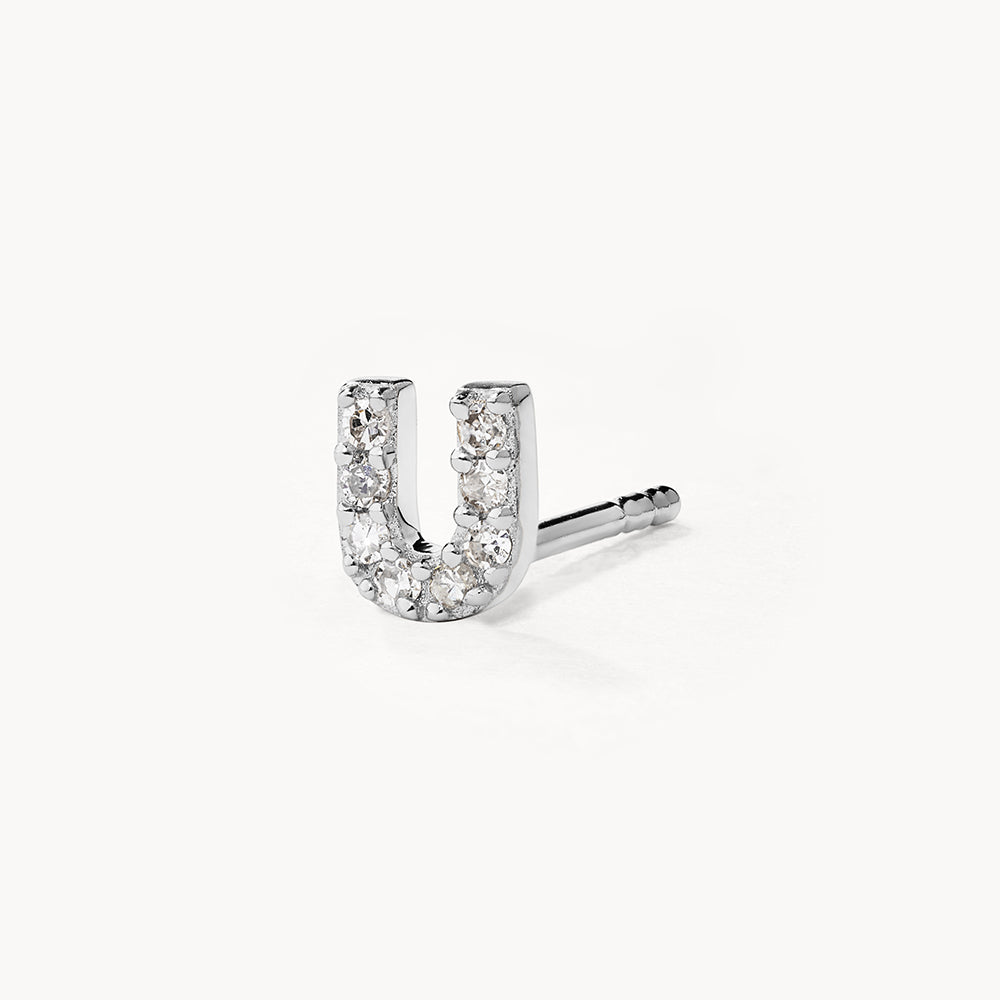 Diamond Letter U Single Stud Earring in Sterling Silver - Perfect for Birthdays, Anniversaries & Personalized Gifts