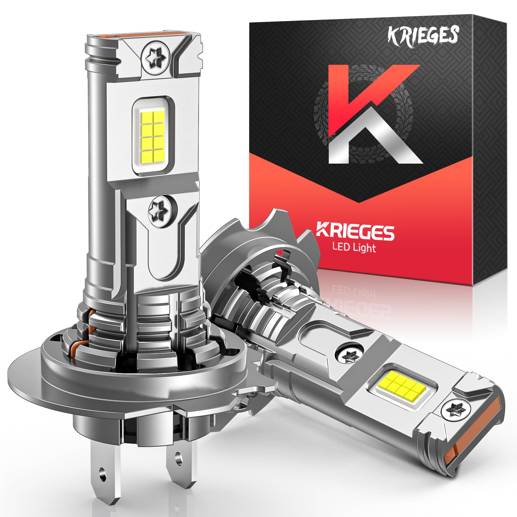 Krieges H7 LED Bulbs 6500K White - 16PCS Chips 20000LM Super Bright - 1:1 Halogen Size - No Adapter Needed - Plug & Play with Cooling Fan - Canbus Ready - Pack of 2 - Perfect for Car Headlights, Fog Lights & Off-Road Vehicles