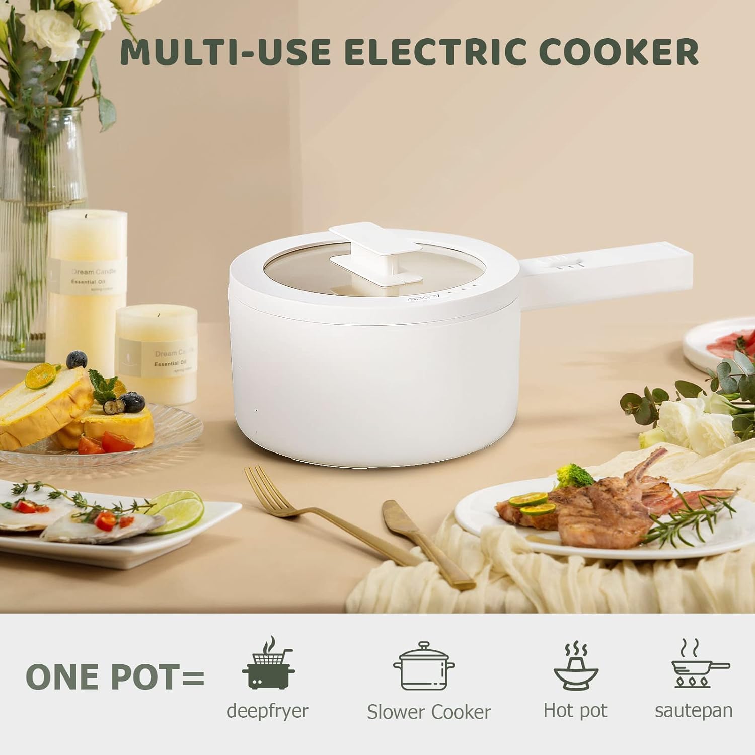 1.5L Mini Electric Hot Pot with Ceramic Non-Stick Coating - Portable Multi-Cooker for Steak, Eggs, Fried Rice, Ramen & Soup | 2 Power Settings | Perfect for Dorm Rooms, Small Kitchens & Office Lunches
