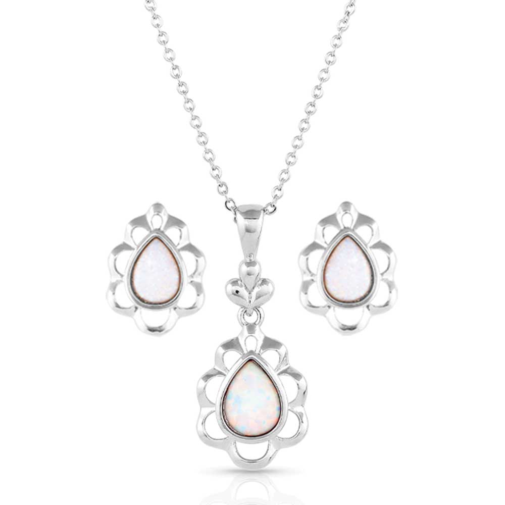 Mystic Snowdrop Opal Jewelry Set - Sterling Silver Necklace & Earrings for Women | Elegant Gift for Birthday, Anniversary & Special Occasions | Perfect for Weddings, Parties & Evening Events