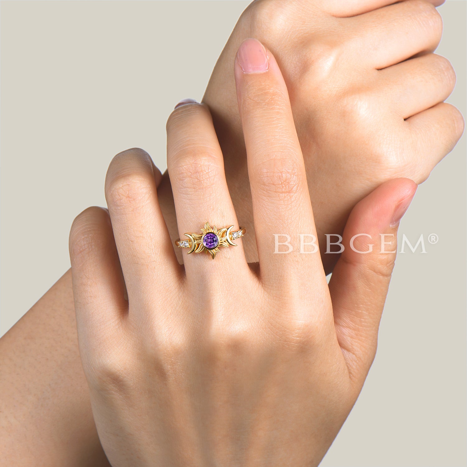 Round Cut Natural Amethyst Sun Engagement Ring - Moissanite Moon Celestial Wedding Band for Women - Perfect for Proposals, Anniversaries & Boho Bridal Jewelry