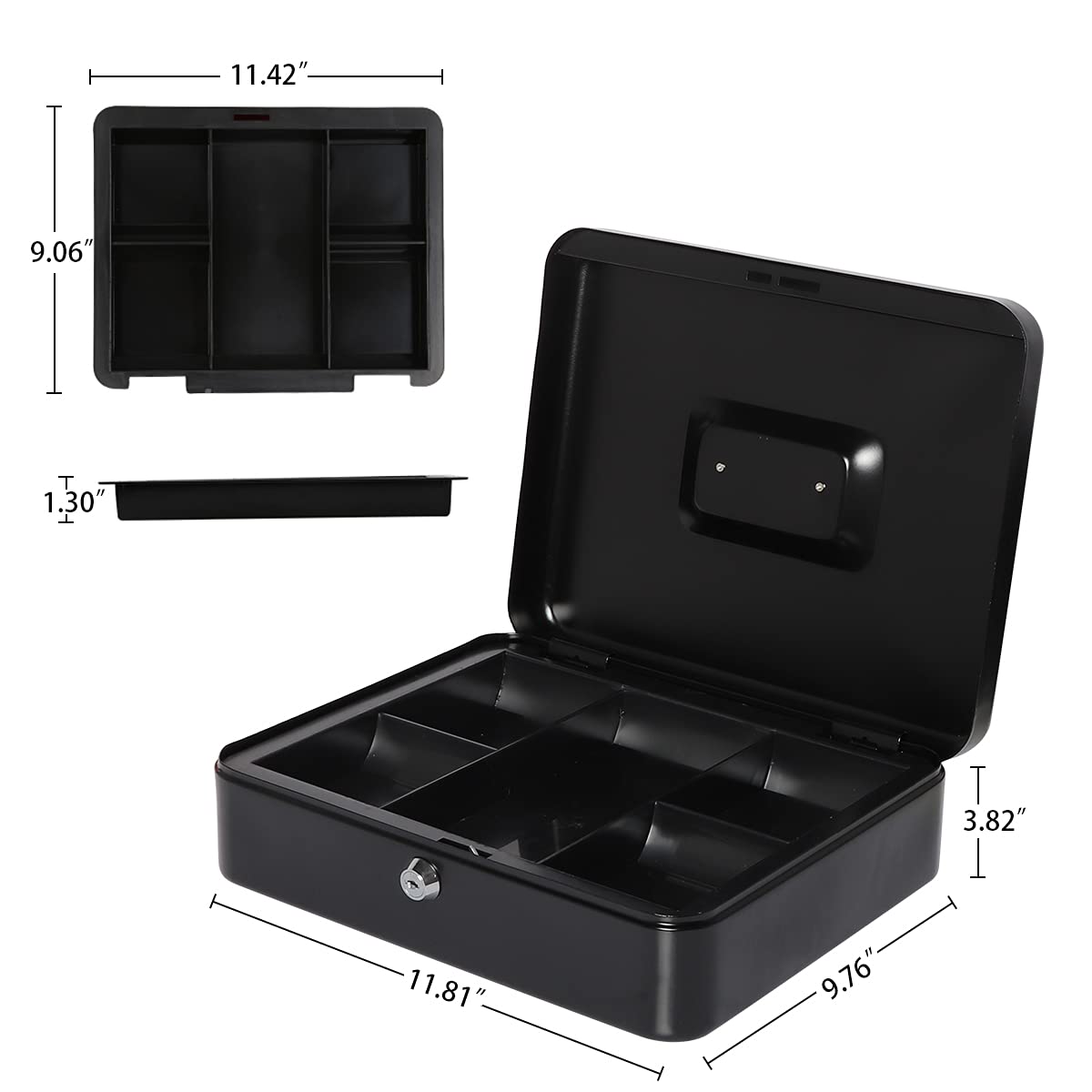 Large Cash Box with Money Tray & Key Lock - 11.8