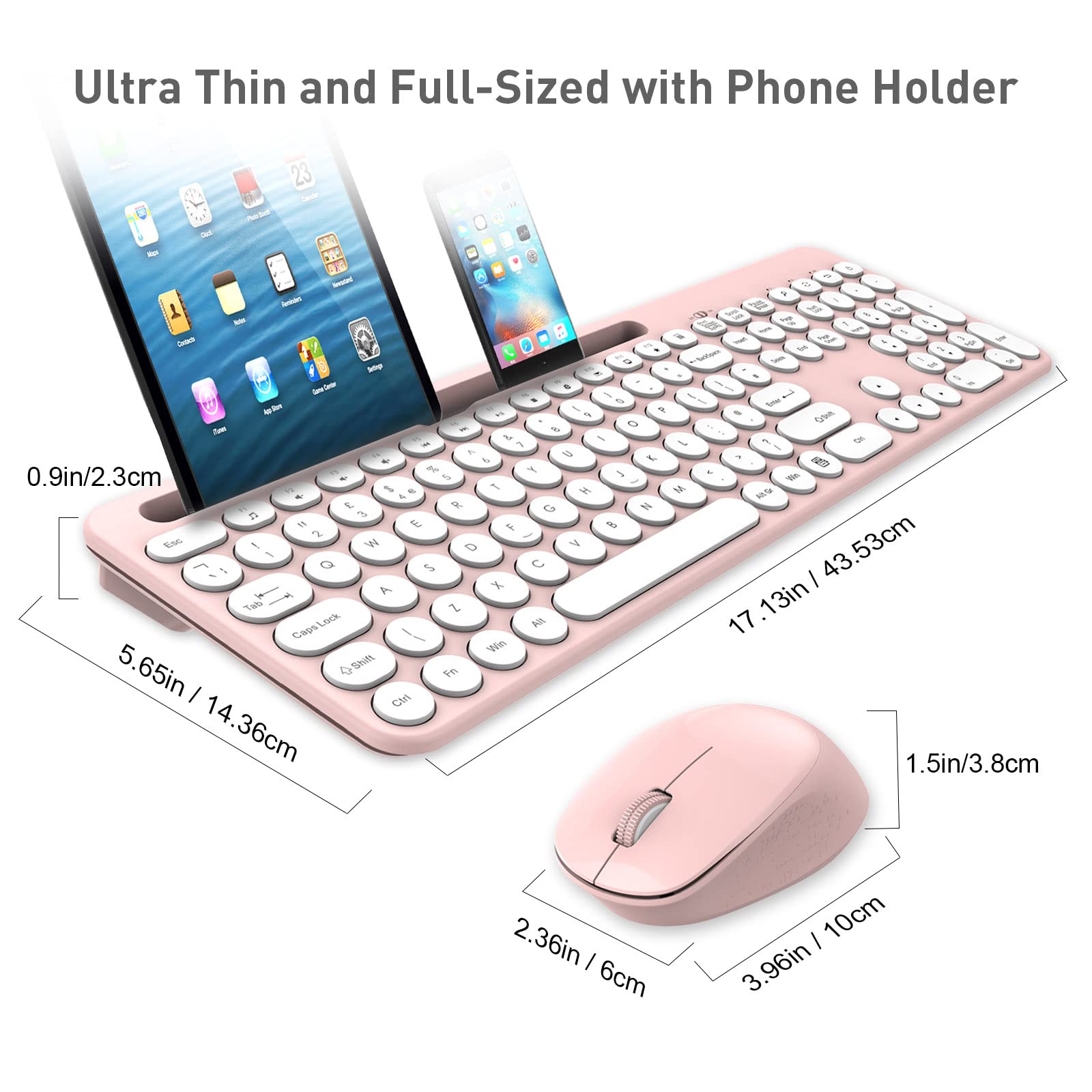 LeadsaiL Wireless Keyboard & Mouse Set with Holder - for Laptop, Tablet & Phone - Pink