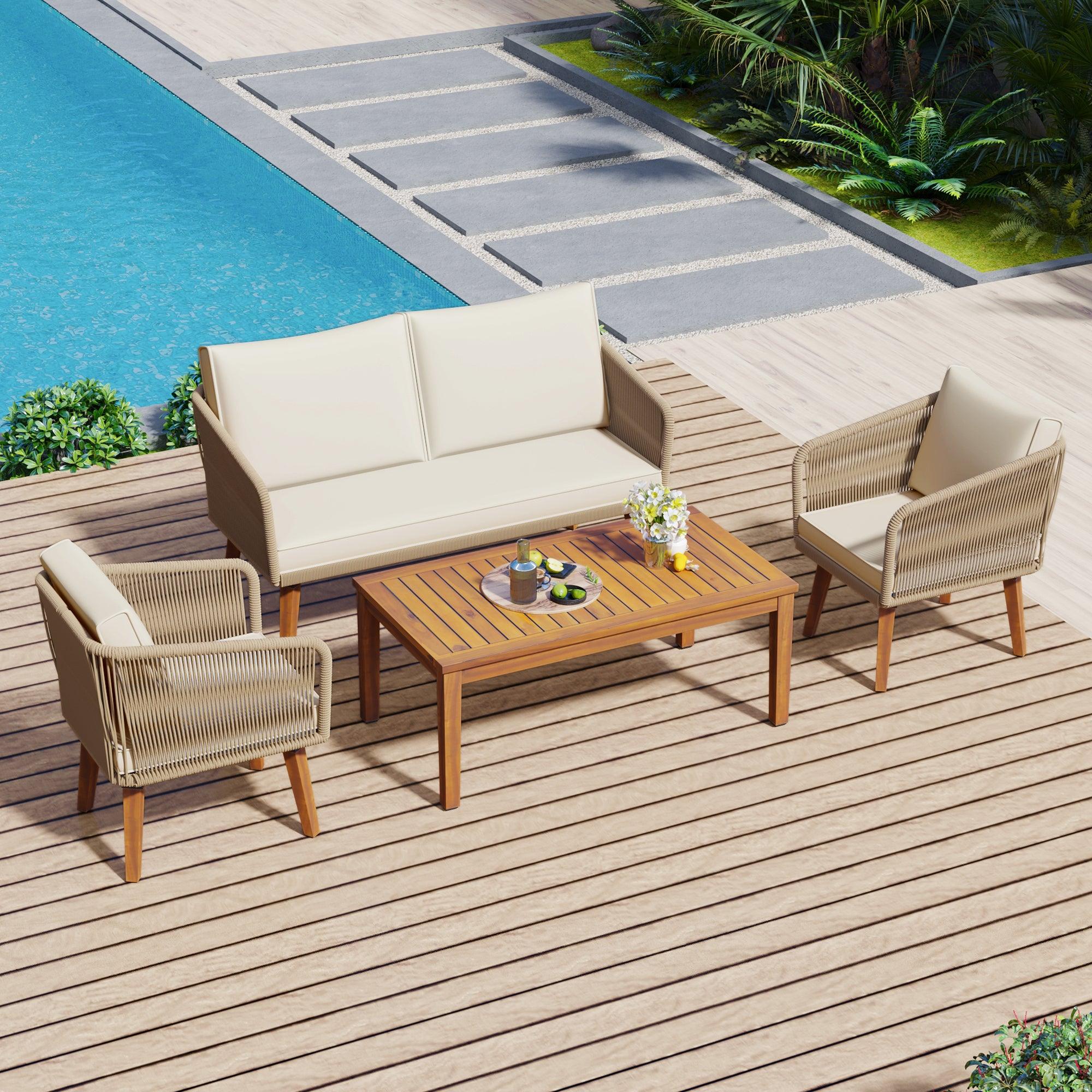 4-Piece Outdoor Patio Furniture Set with Loveseat, Rope Wicker Conversation Set & Cushions - Perfect for Backyard, Garden, Poolside & Outdoor Entertaining