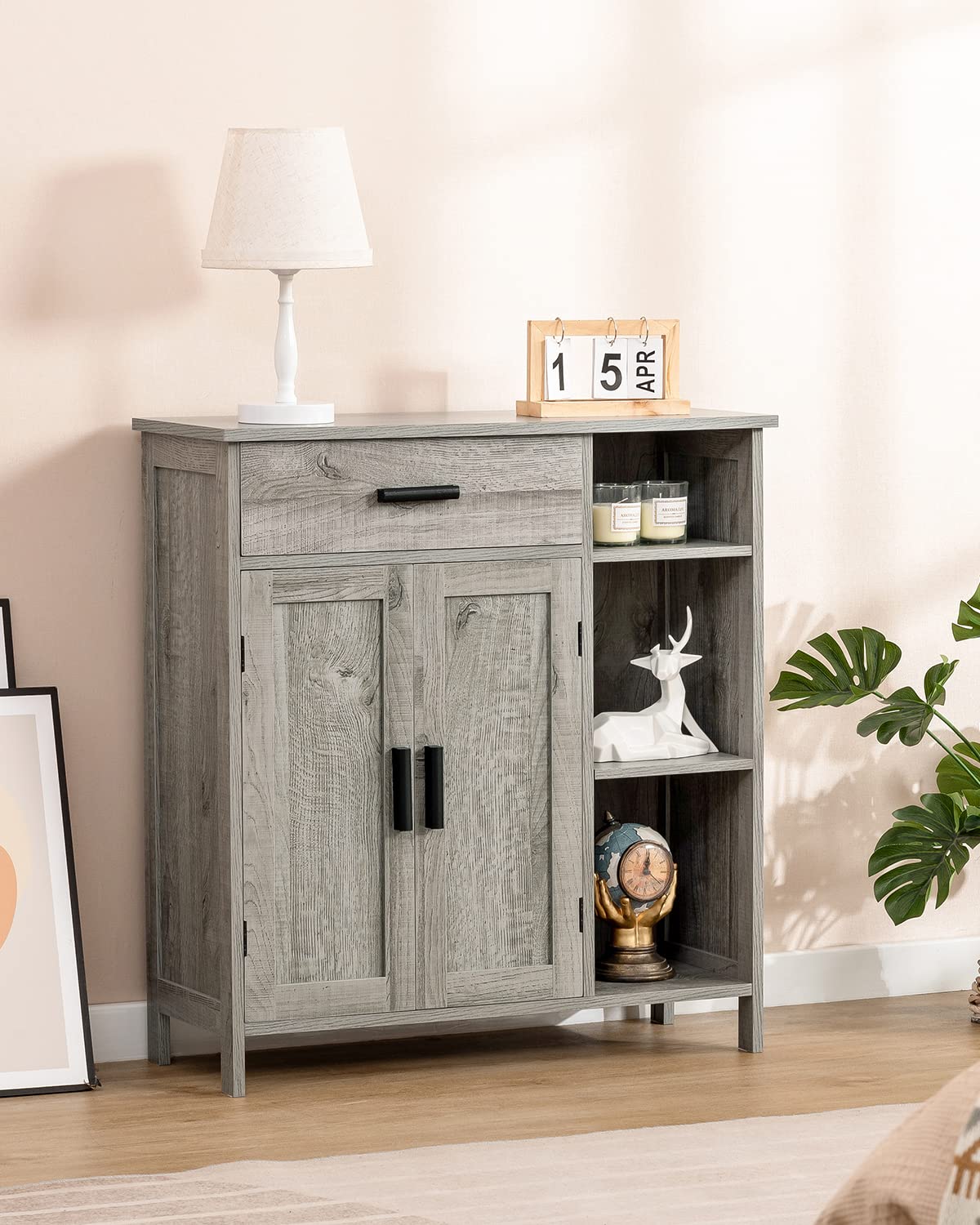 WEENFON Storage Cabinet with Drawers - Bathroom Organizer, Coffee Bar Cabinet with Doors & Shelves - Freestanding Cupboard for Living Room, Bedroom, Kitchen - Grey - Perfect for Home Organization & Small Space Storage