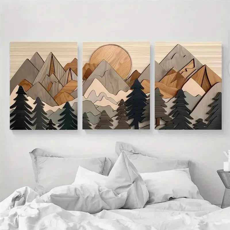 3-Piece Rustic Wood Effect Forest Art Painting - Metal Print Wall Decor Ready to Hang - Perfect for Living Room, Bedroom & Office Decor