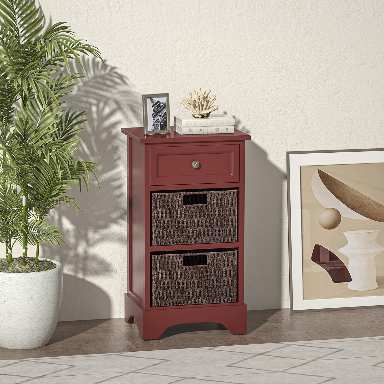 Vintage Wooden Storage Cabinet with 1 Drawer & 2 Wicker Baskets - Entryway Table for Kitchen, Dining Room, Bedroom & Hallway | Farmhouse Decor for Home Organization (Red)