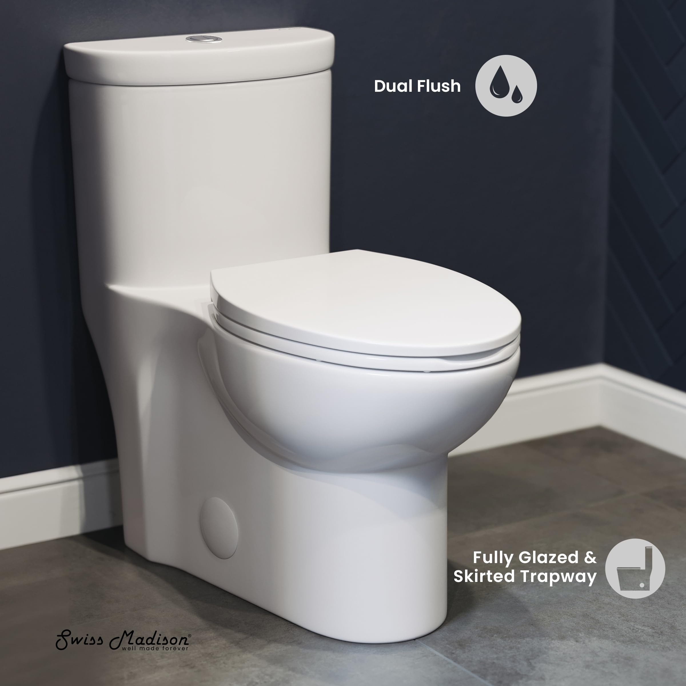 Swiss Madison SM-1T205 Sublime One Piece Elongated Toilet - Dual Flush 0.8/1.28 GPF, Water Efficient, Glossy White - Perfect for Modern Bathrooms & Eco-Friendly Homes