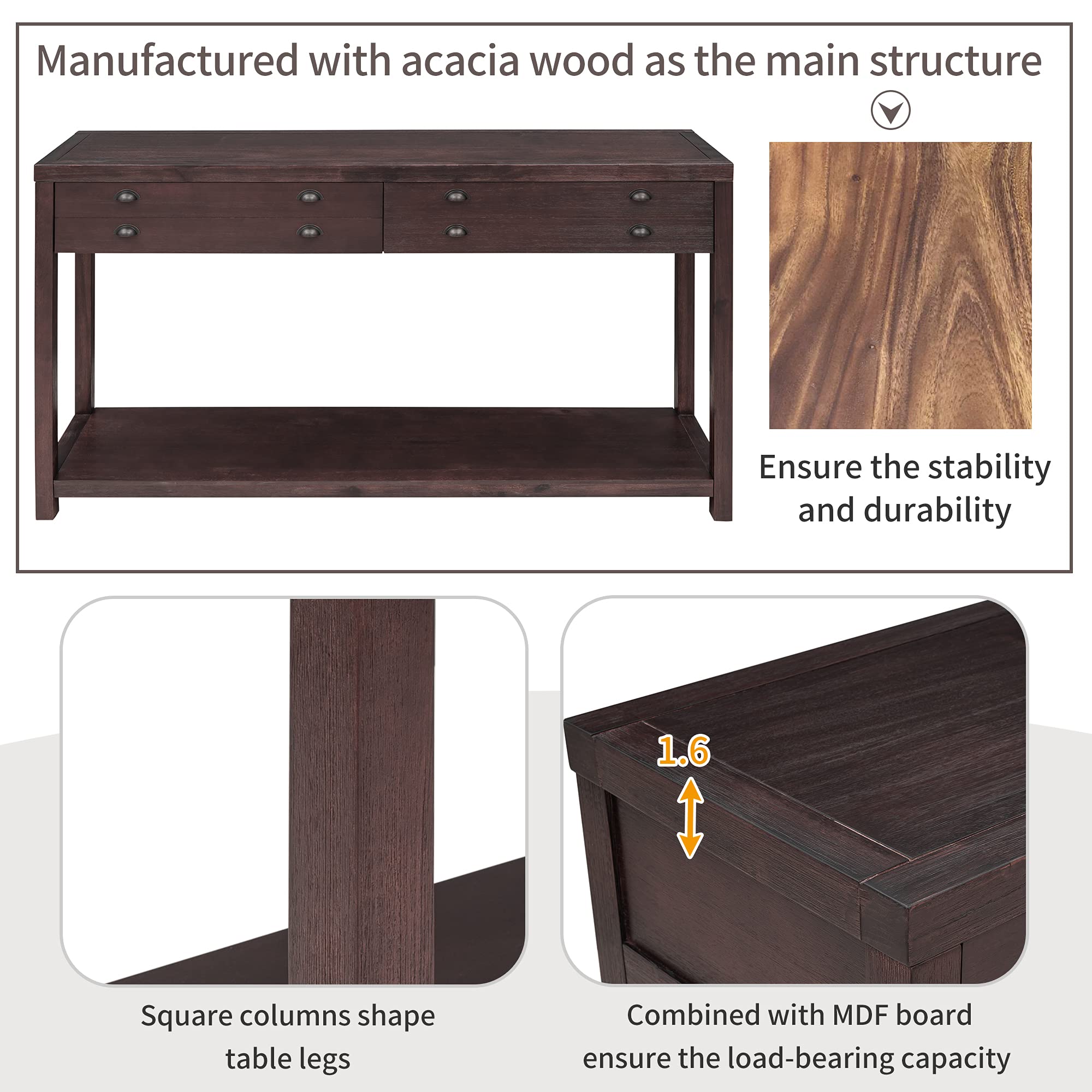 Solid Wood Console Table with 2 Large Storage Drawers, Rustic Entryway Sofa Table with Open Shelf - Modern TV Stand for Living Room, Bedroom, Hallway (Espresso, Large Size) | Perfect for Small Space Organization & Home Decor