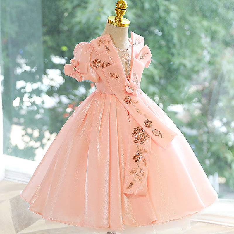 Elegant Pink Organza A-Line Flower Girl Dress with Floral Lace Applique - Perfect for Weddings, Baptisms & Special Occasions