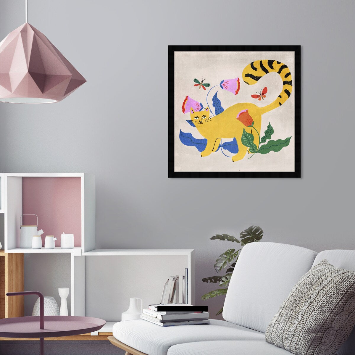Blonde Tabby Floral Kitten Butterfly Garden Modern Yellow Framed Wall Art Print - Perfect for Bedroom, Nursery & Home Decor