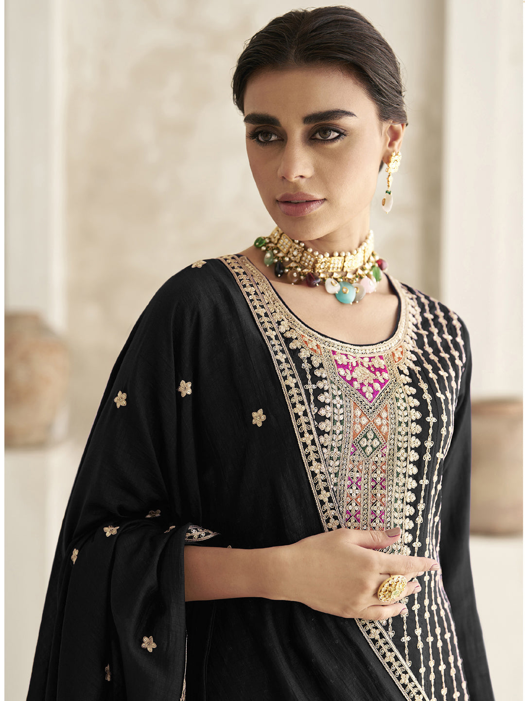 Elegant Black Embroidered Sequins Pant Suit for Women - Traditional Designer Ready-Made Outfit for Weddings, Parties & Special Occasions