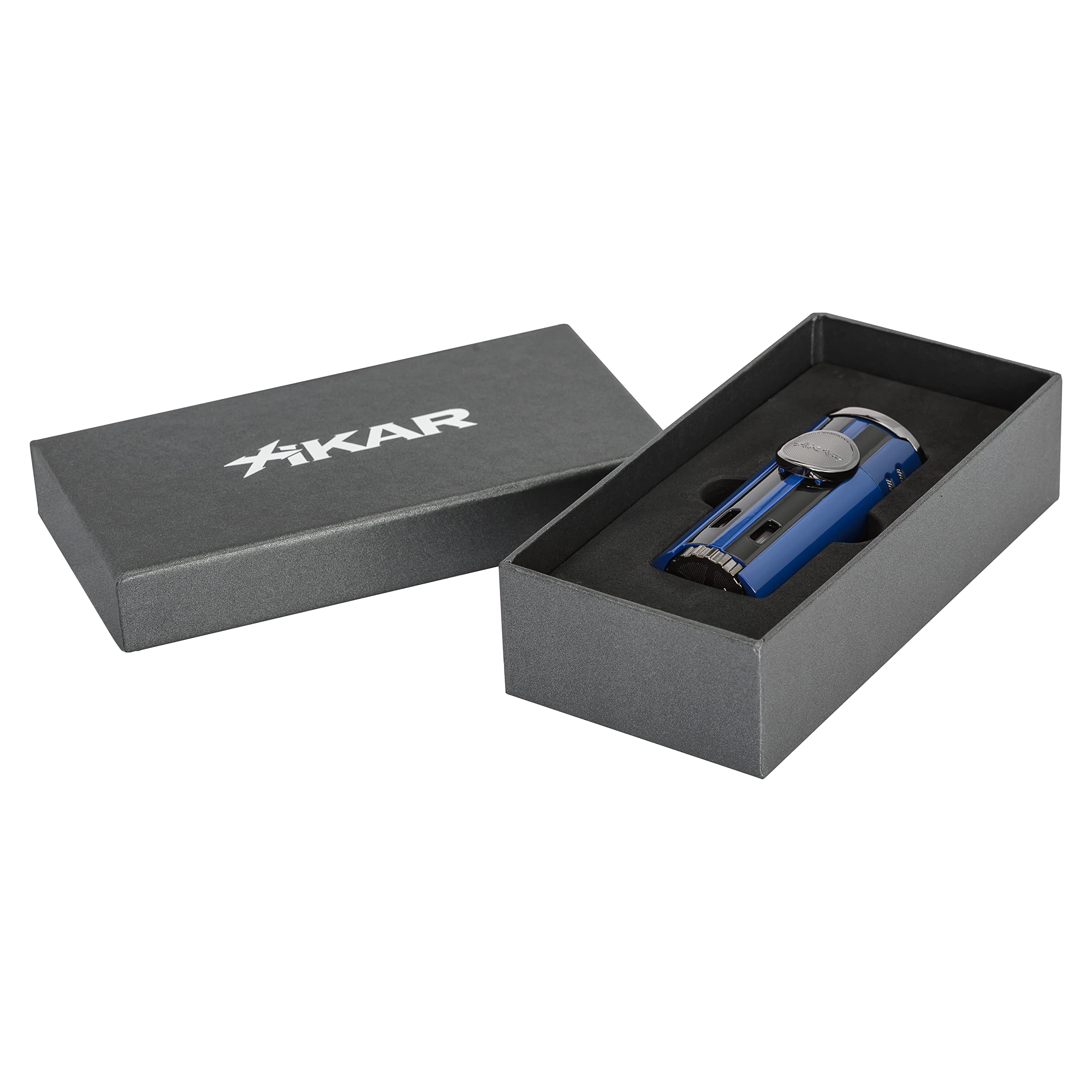 Premium Xikar HP4 Diamond Quad Flame Cigar Lighter with In-Line Fuel Adjustment & Oversized Fuel Window - Blue (Gift Box Included) - Perfect for Cigar Aficionados, Outdoor Enthusiasts & Luxury Gifting