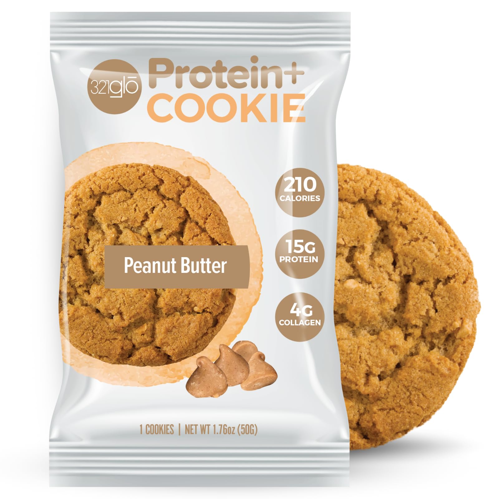 321glo Protein+ Cookies | High Protein Soft Baked Cookies with Collagen (15g Protein per Serving) | Healthy Snack for Men, Women & Kids | 12 Pack Peanut Butter Flavor | Perfect for Gym, Work, School & Travel