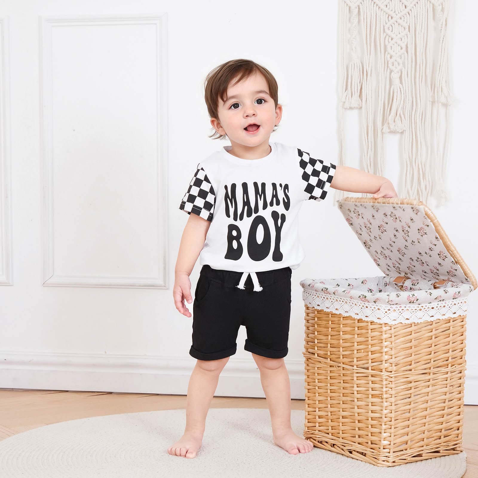 Toddler Baby Boy Summer Outfit - Checkerboard T-Shirt & Elastic Shorts Set | Newborn Infant Clothes for Playtime & Outdoor Activities