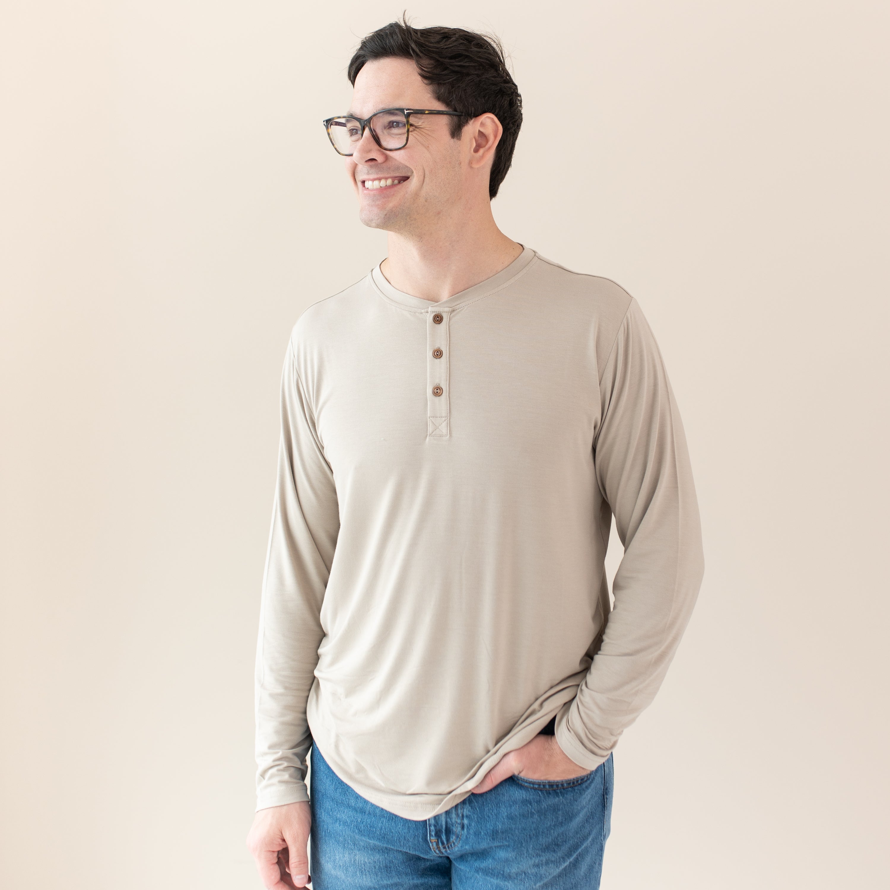 Premium Men's Long Sleeve Henley Shirt - Soft Cotton Crew Neck Pullover in Almond Color | Casual Wear, Layering & Outdoor Activities